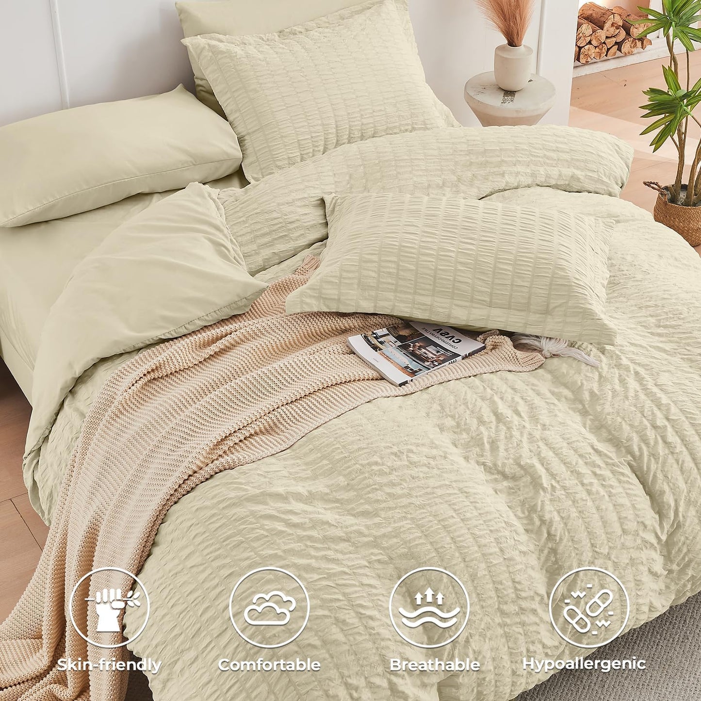 HYMOKEGE Oatmeal Twin Comforter Set Seersucker 5 Pieces, All Season Luxury Bed in a Bag for Bedroom, Bedding Set with Comforter, Sheets, Pillowcase & Sham