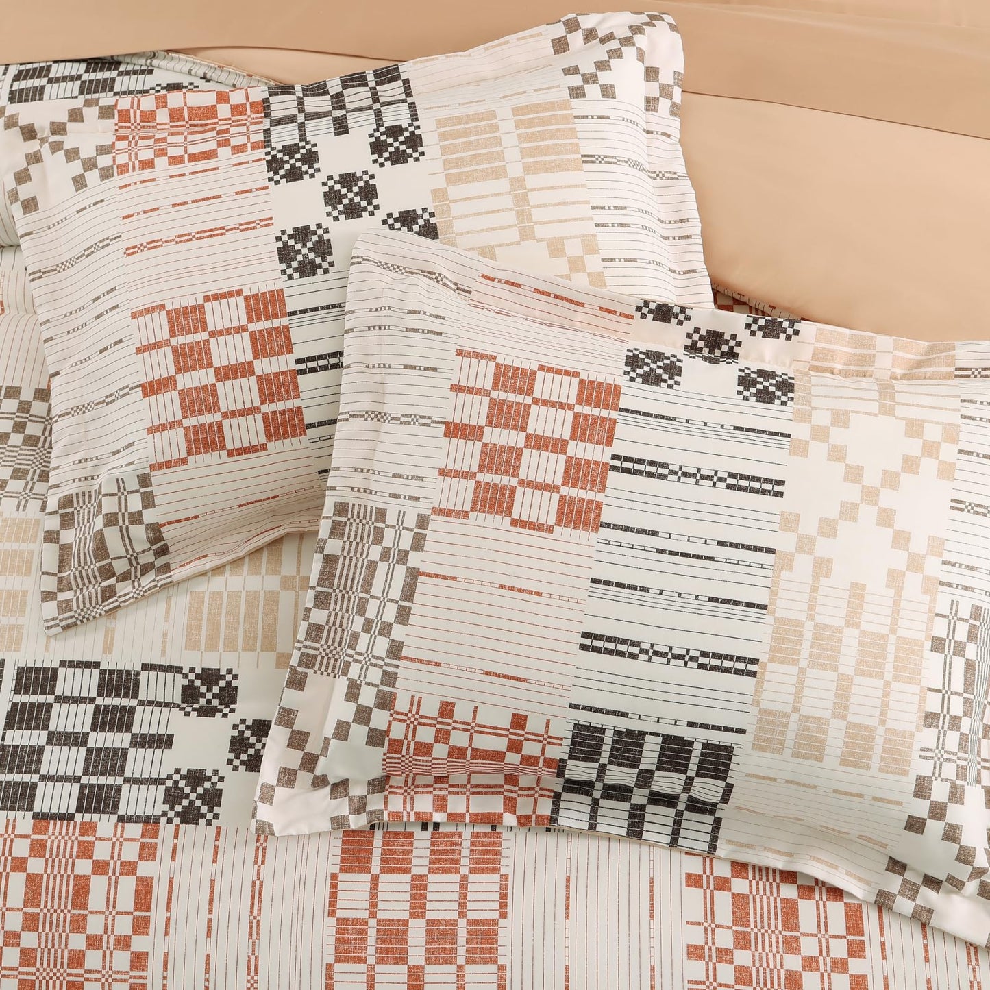 MaiRêve Queen Comforter Set, Classic Plaid Farmhouse Bedding Sets 7 Pieces, Beige All Season Bed in A Bag with Sheets, Pillowcases & Shams