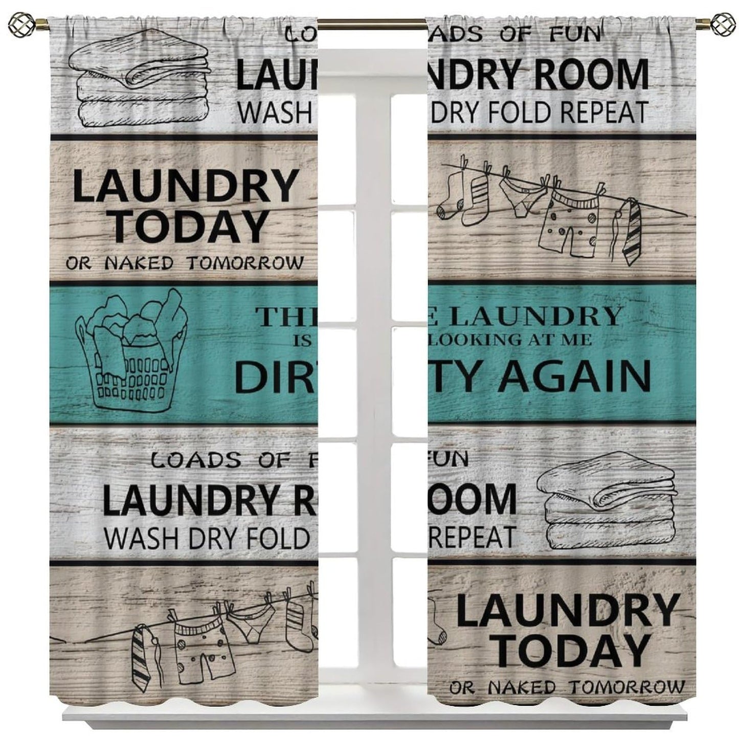 TYVGICZ Laundry Kitchen Curtain Rustic Wash Dry Words Wooden Teal Brown Funny Fun Small Short Window Treatment Tiers for Bedroom Living Room Bathroom Rod Pocket Drapes, 42x45 Inch