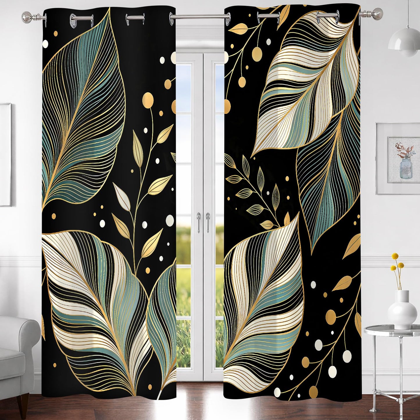 MYUSRE Black and Gold Leaf Curtains for Bedroom, 2 Panels 42x84 inch