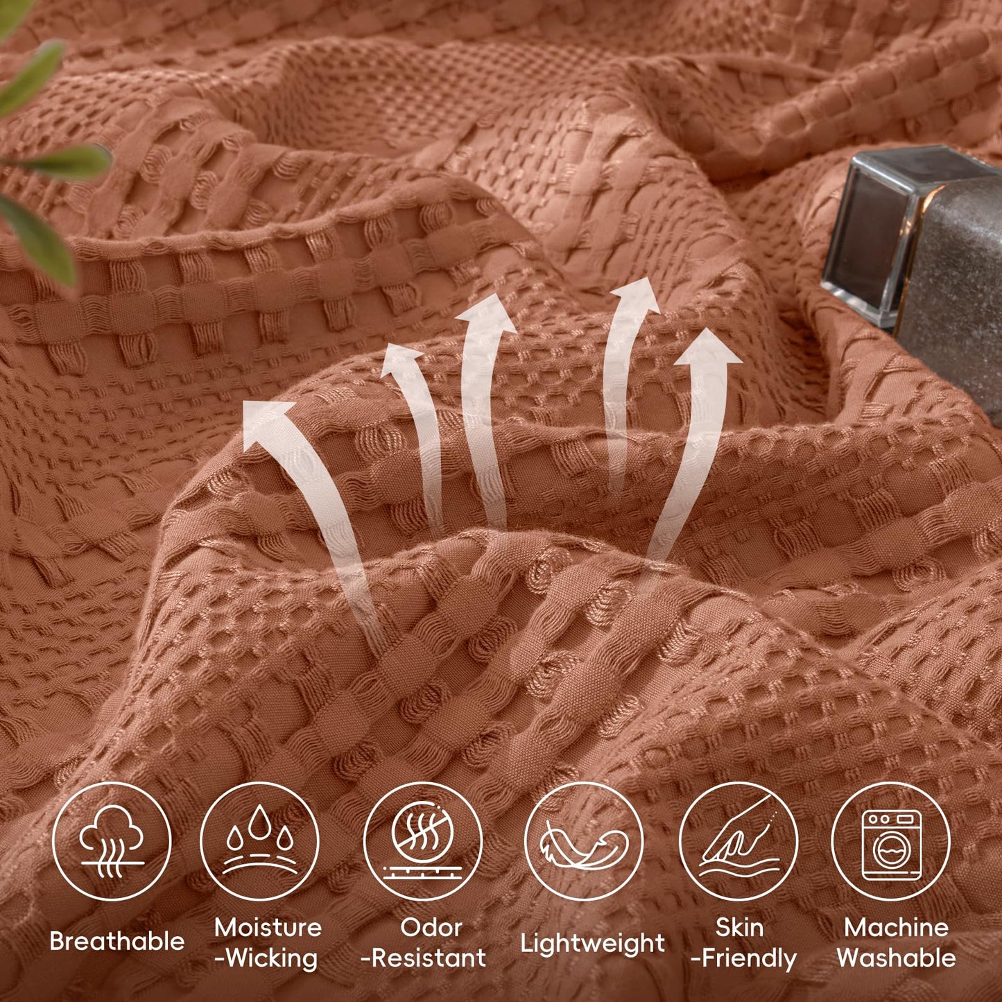 PHF Cooling Waffle Blanket Queen Size, Lightweight 60% Rayon from Bamboo & 40% Cotton Breathable Blanket for Hot Sleepers, Summer Use, Soft Luxury for Bed Couch Sofa, 90"x90", Terracotta
