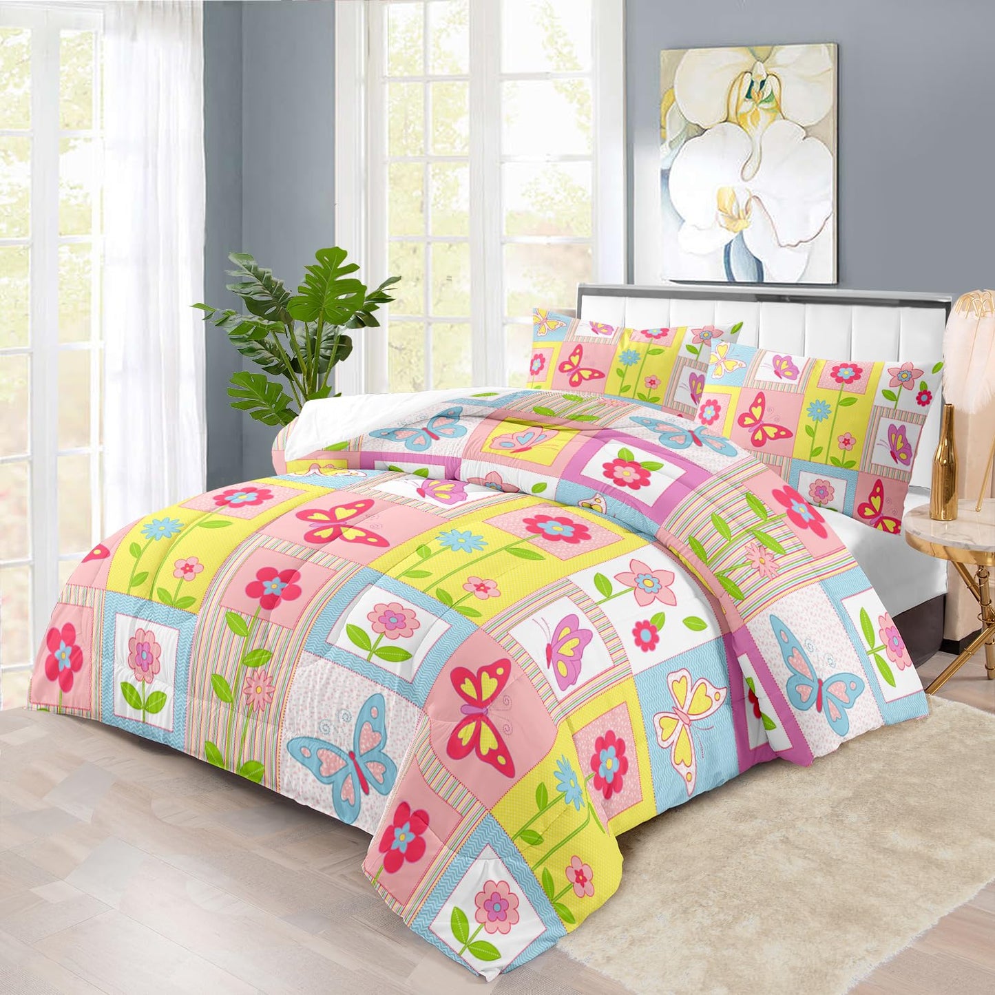 llyxsesty Pink Butterfly Kids Comforter Set King Girls Floral Bedding Set Girls Pink Grid Comforter Kids Quilt Bedroom Decor White Purple Blue Pink Butterfly Bedding Bed Decor