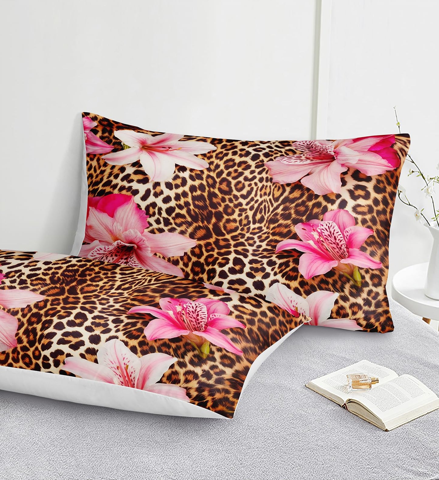 MOVE OVER Leopard Printed Comforter Set King Size 8 Pieces Bed in a Bag Pink Flower and Cheetah Printed Design Luxury Comforter Set with Sheet Set for Bedroom Decor