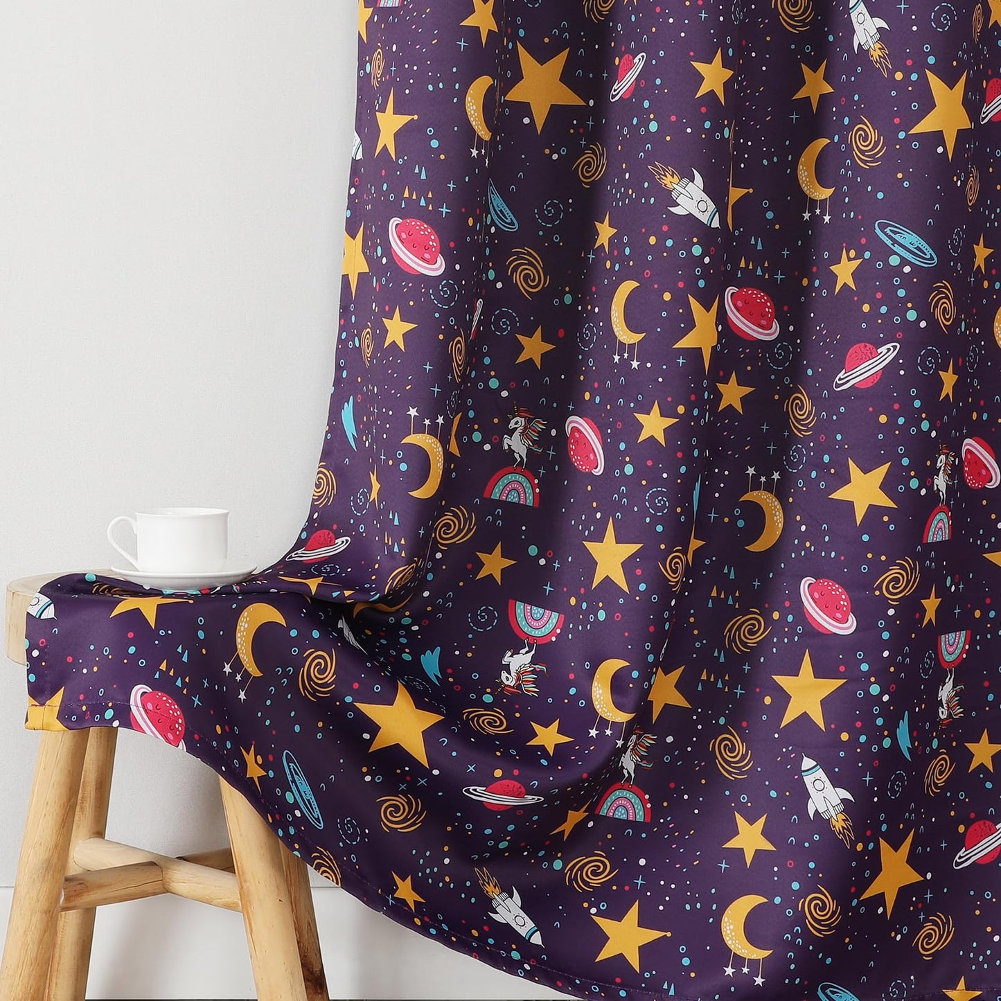 Estelar Textiler Unicorn & Rocket Theme Purple Blackout Curtains 72 Inch Long 2 Panel, Room Darkening Thermal Insulated Drapes for Nursery Bedroom, Star Moon Curtains Decor for Kids Room, 38x72 inch