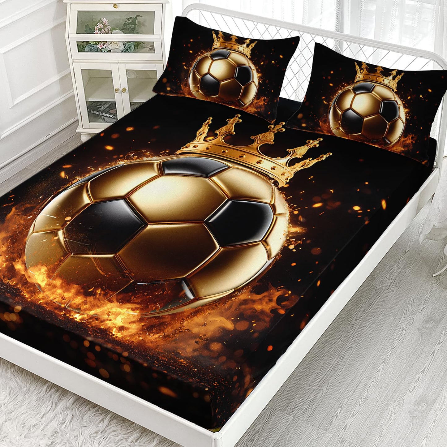 AILONEN Black Gold Soccer Bedding Set for Kids Boys Girls,3D Football Crown Printed Twin Bed Sheet Set,Sports Ball Themed Fitted Sheet with 2 Pillowcases,3Pcs