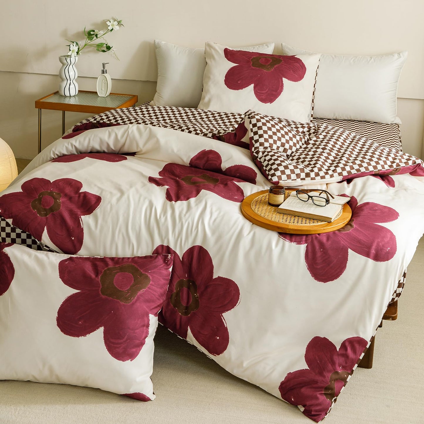 CLOTHKNOW Burgundy Sunflower Queen Comforter Set Floral Bedding Comforter Sets Brown Plaid Queen Comforter Soft All Season