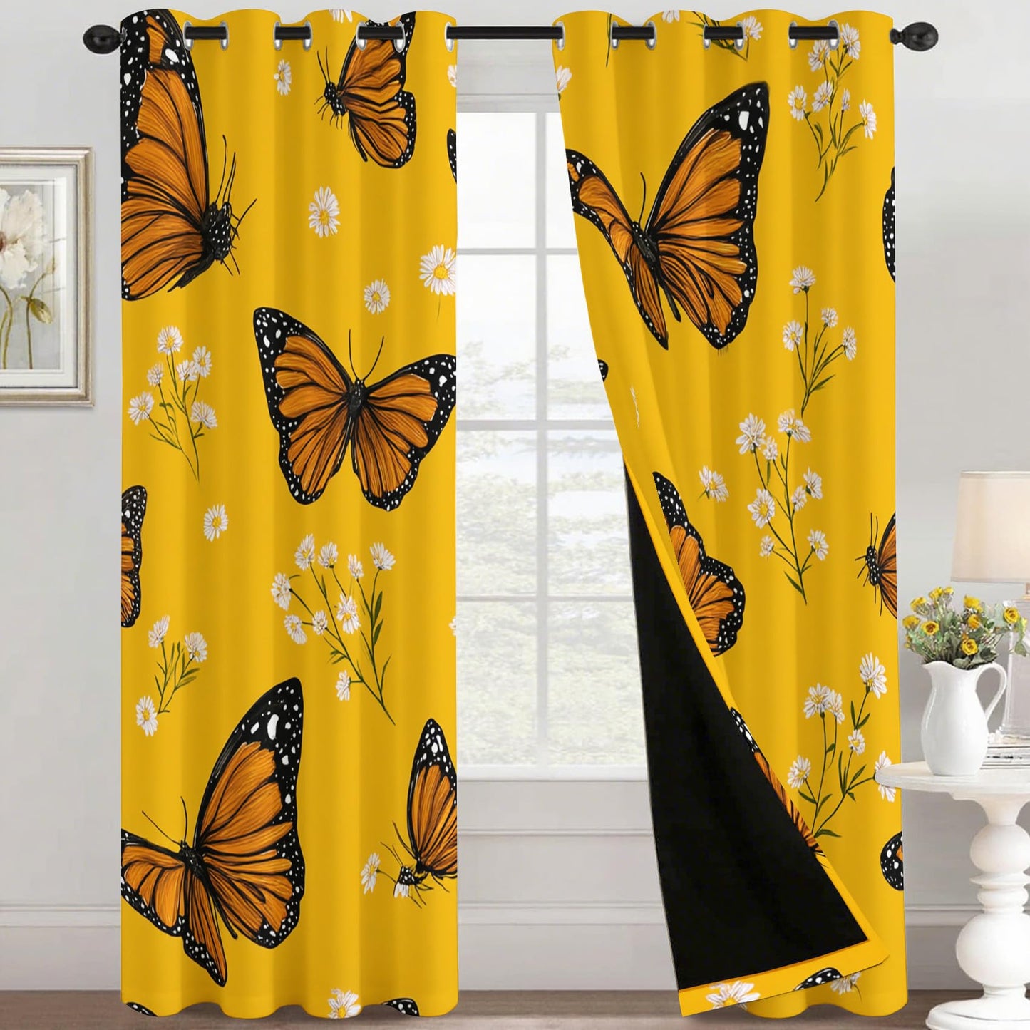 Butterfly Curtains Blackout, 39 Inch - Butterflies Yellow Window Drapes for Home Decor, Kitchen, Bedroom, Butterfly Room Decor, Grommet & Thermal Insulated, 2 Panels AC1122