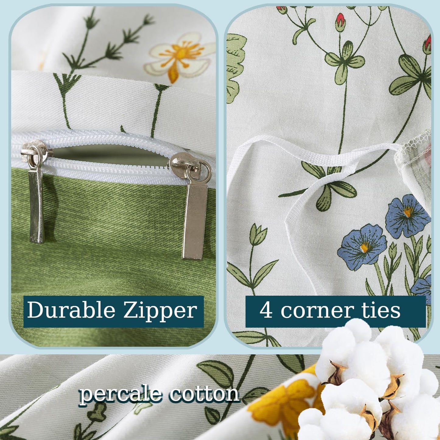 Zusbest Floral Duvet Cover King 100% Percale Cotton Botanical Garden Flower Printed Bedding Reversible Green Yellow Leaves Pattern Comforter Covers French Country Bedding Soft 3Pcs-Not Comforter