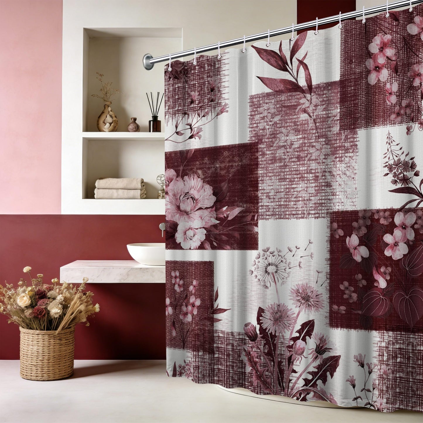 DLTAY Burgundy Patchwork Shower Curtain, 70 X 72 Inches