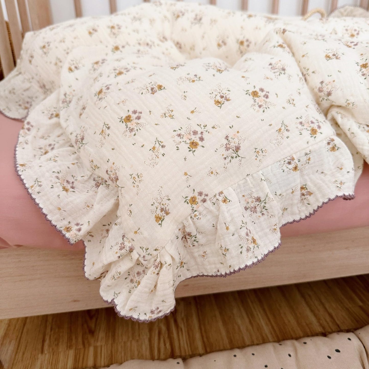 BuLuTu Beige Kids Toddler Baby Duvet Cover Girls Muslin Duvet Covers Floral Nursery Quilt Cover Gauze Bedding Coverlet, 47"x59", Crapemyrtle Print (No Pillowcases)