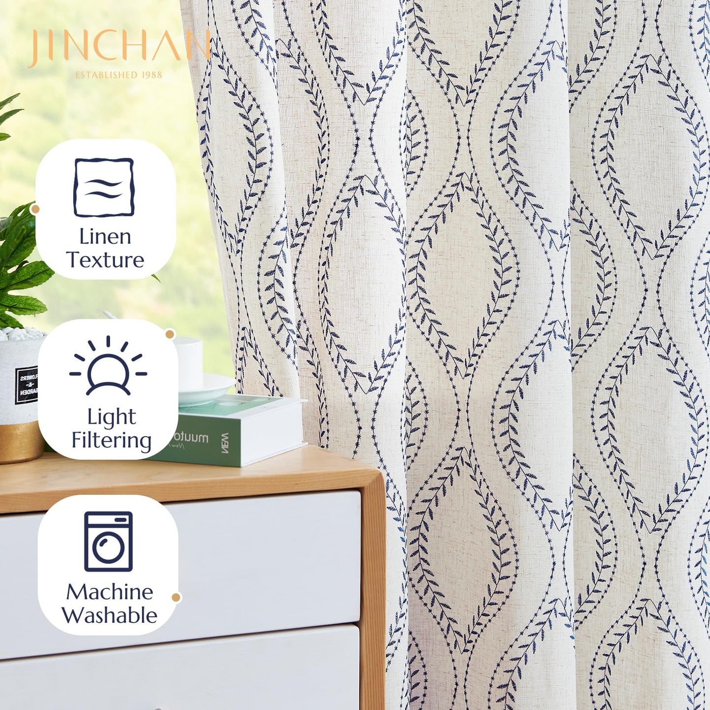 jinchan Boho Linen Blend Beige Farmhouse Curtains 84 Inch Length 2 Panels Set Blue Embroidered Leaf Living Room Ogee Geometry Drapes Light Filtering Curtains Grommet Blue on Flax