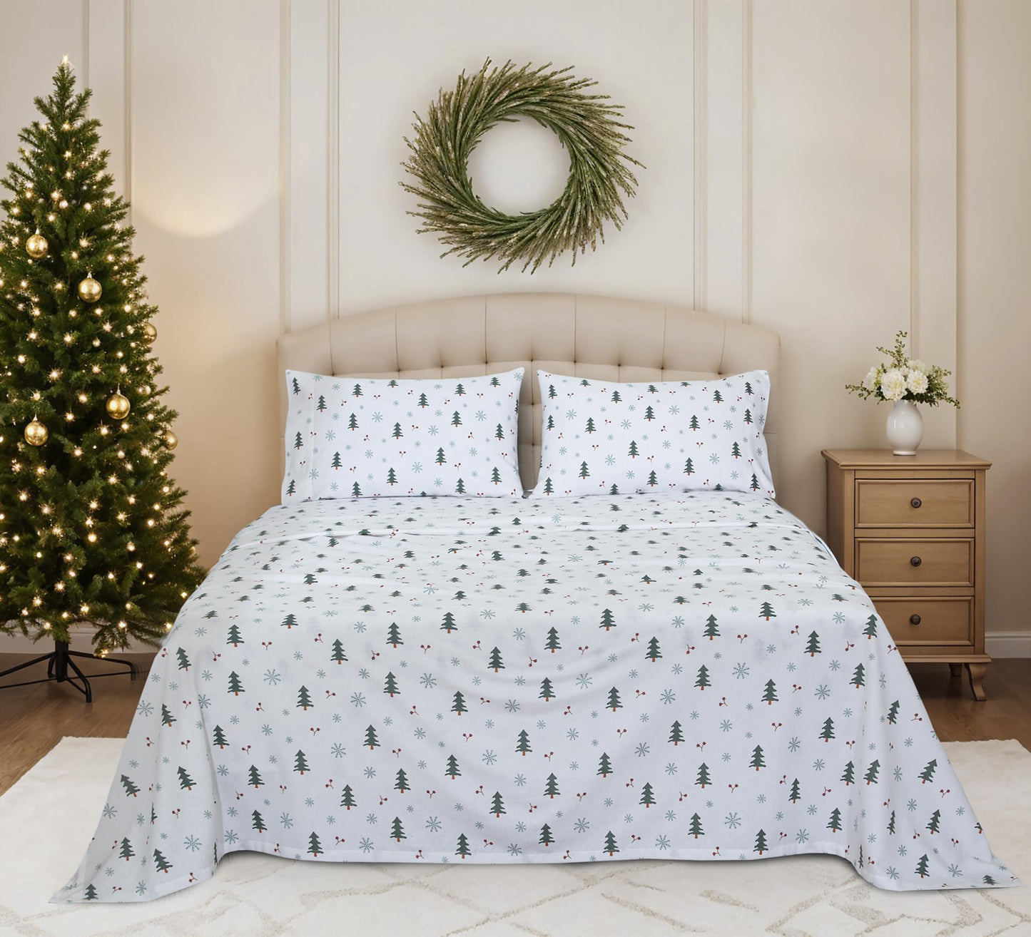 RUVANTI Flannel Sheets Queen Size - 100% Cotton Double Brushed Bed Sheets, Deep Pockets 16 Inches Queen Sheet Set, All Seasons Breathable & Extra Soft - Warm & Cozy, 4 Piece, Berry & Pine