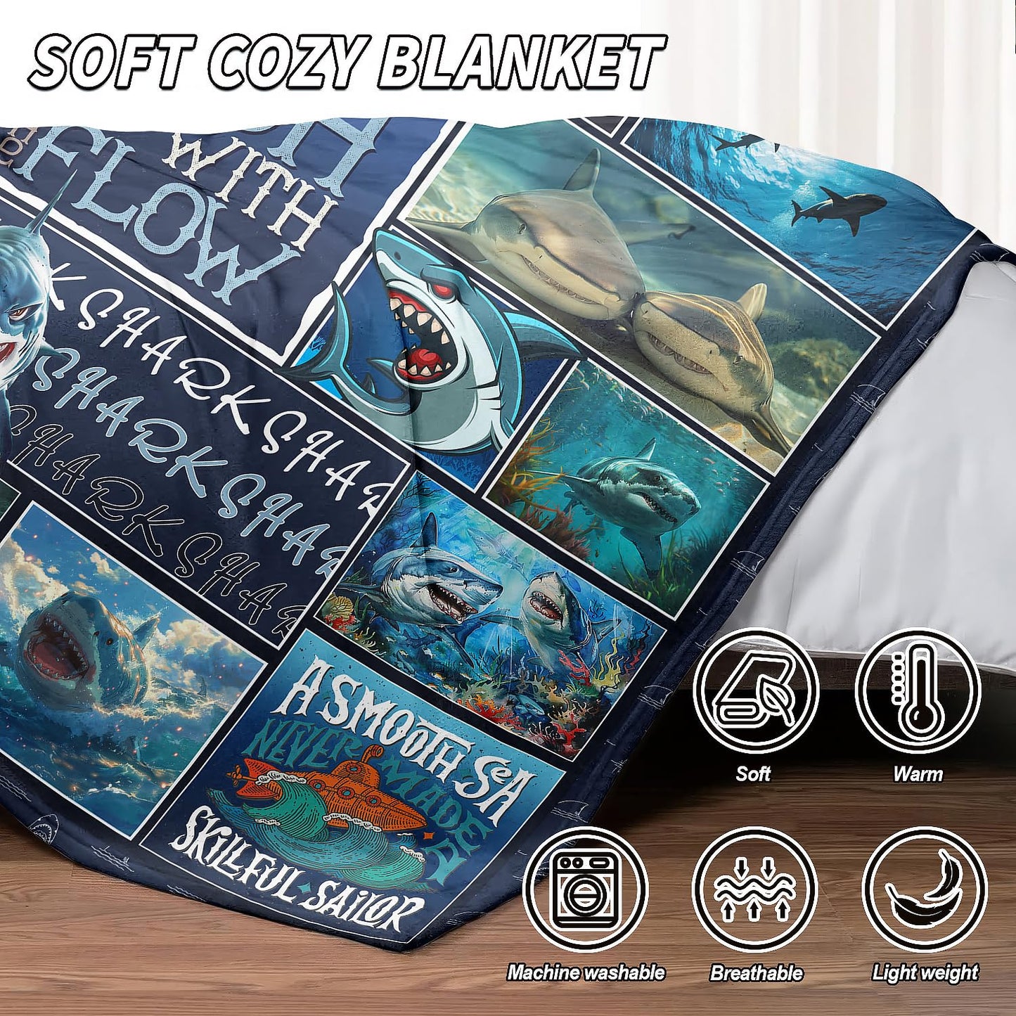 XSMEI Shark Throw Blanket, Ocean Marine Life Design, Soft Cozy Fleece Blanket for Couch Bed, 60 x 80 Inches