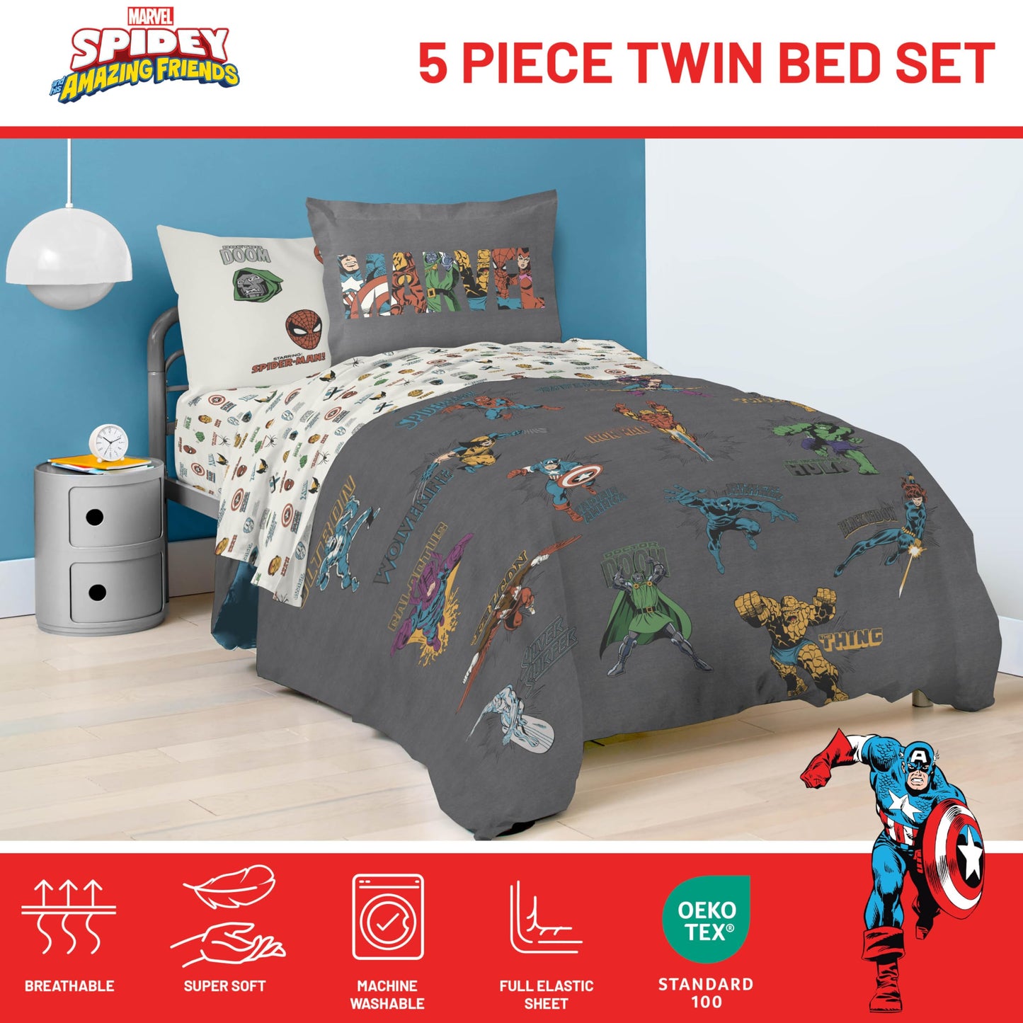 Jay Franco Kids Comforter Set Includes Sheets and Pillow Covers - Soft and Cozy Bed Set for Stylish Room Decor, Official Licensed Bedding, Gray - Marvel Comics, 5 Piece Twin