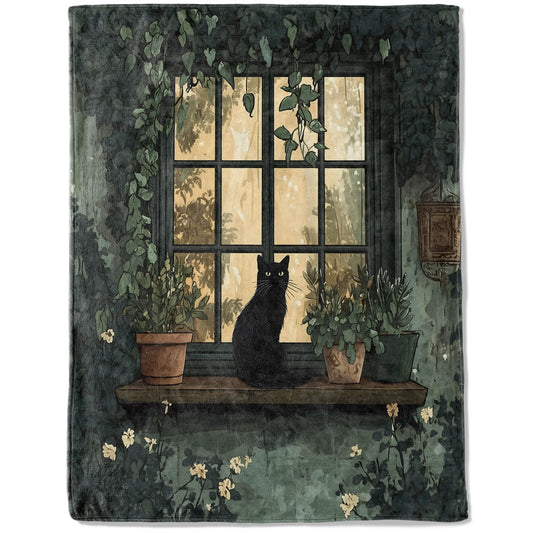 ainori Black Cat and Window Flannel Blanket - Lightweight Soft Cozy Unique Gifts Blankets for Kitten Lovers,Kids,Adult,Women,Vintage Botanical Cottage Throw,Home Room Modern Decor 50x60in