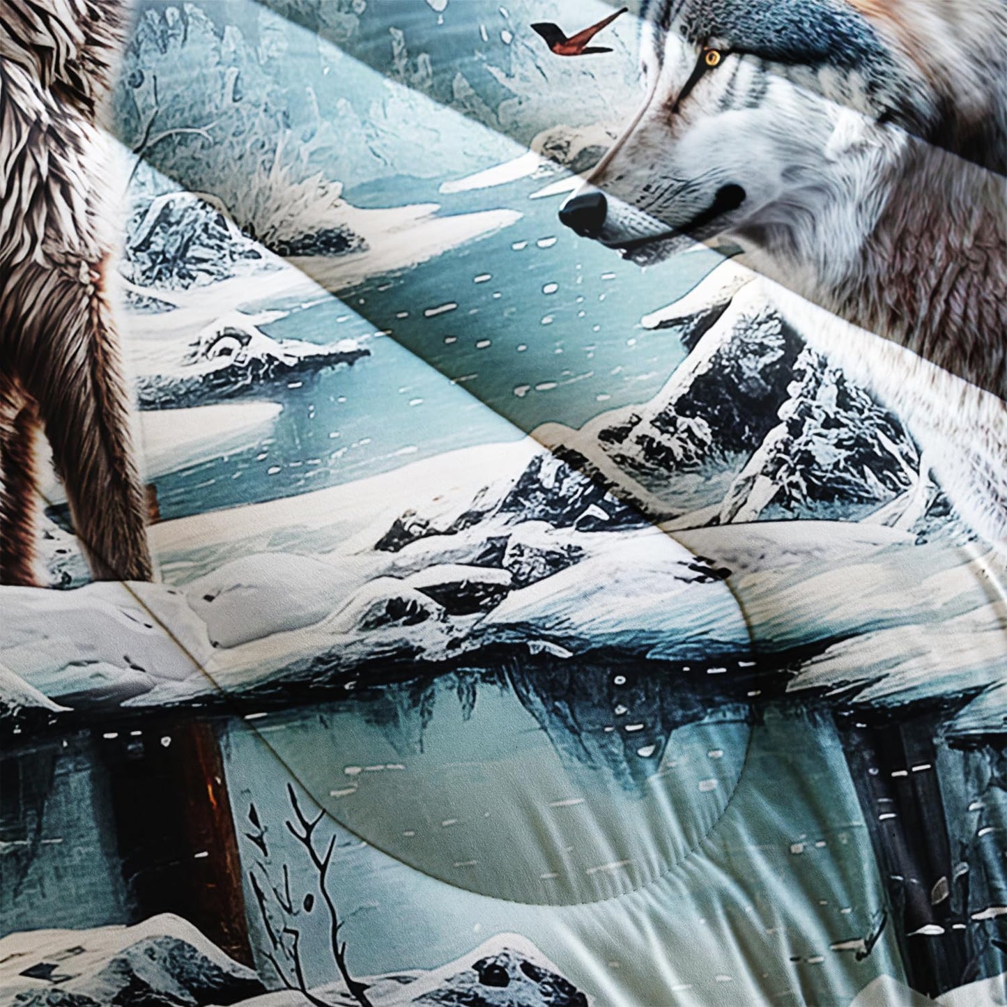 AILONEN Snow Wolf Comforter Set Queen Size, Brown Wolf Bedding Set,Snowfield Forest Animals Printed Comforter Sets,Teen Boys Breathable Duvet Set 3 Pieces, 1 Quilt and 2 Pillowcases