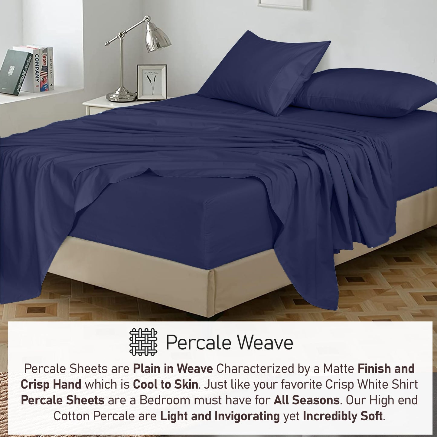 RUVANTI 100% Cotton Percale Sheets, Full Size, Crown Blue