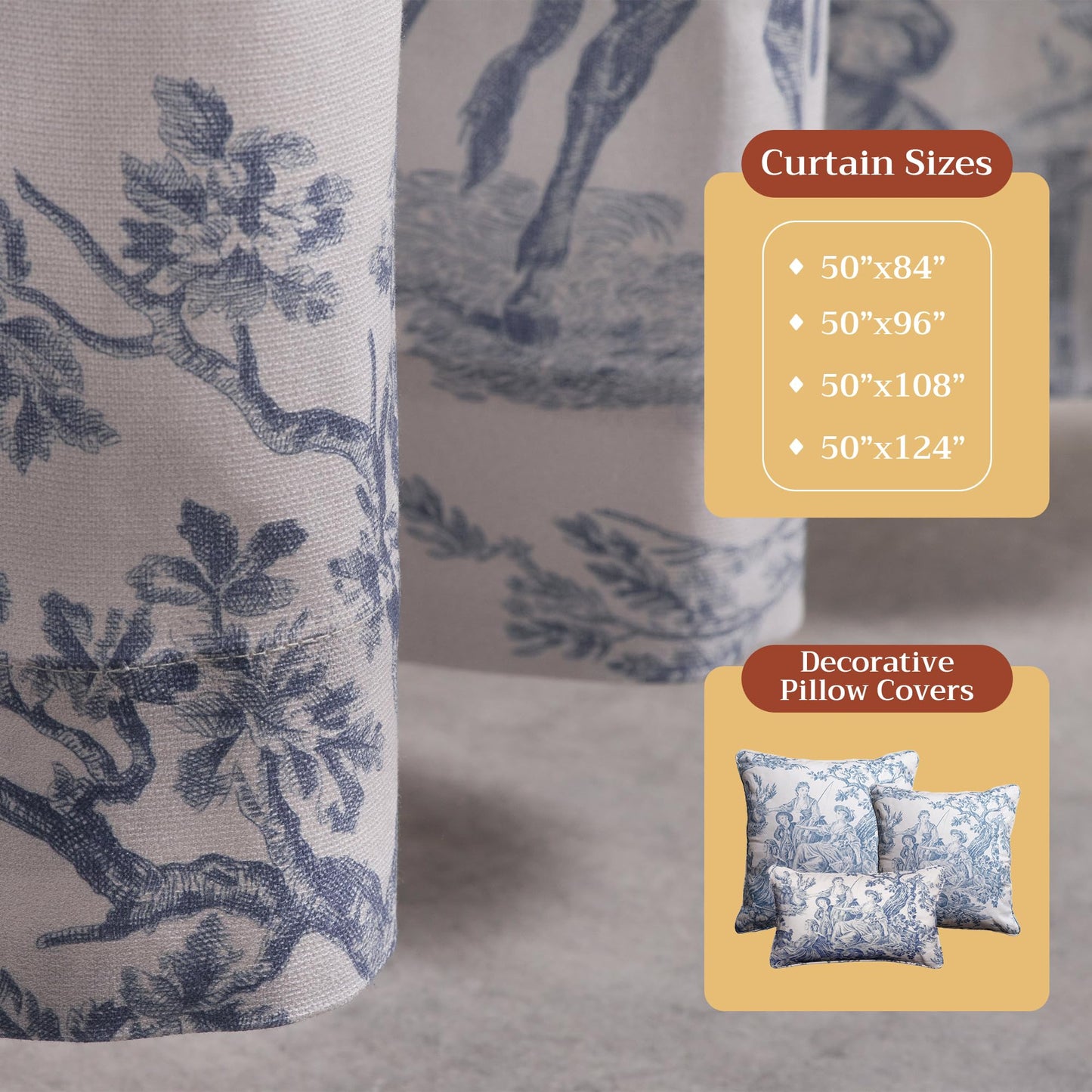 Maison d' Hermine Curtains for Living Room 100% Cotton 96 inch Length One Panel Light Filtering Toile Curtains for Bedroom Windows with Rod and Loop Pockets Drapes (The Miller Denim, 50" W x 96" L)