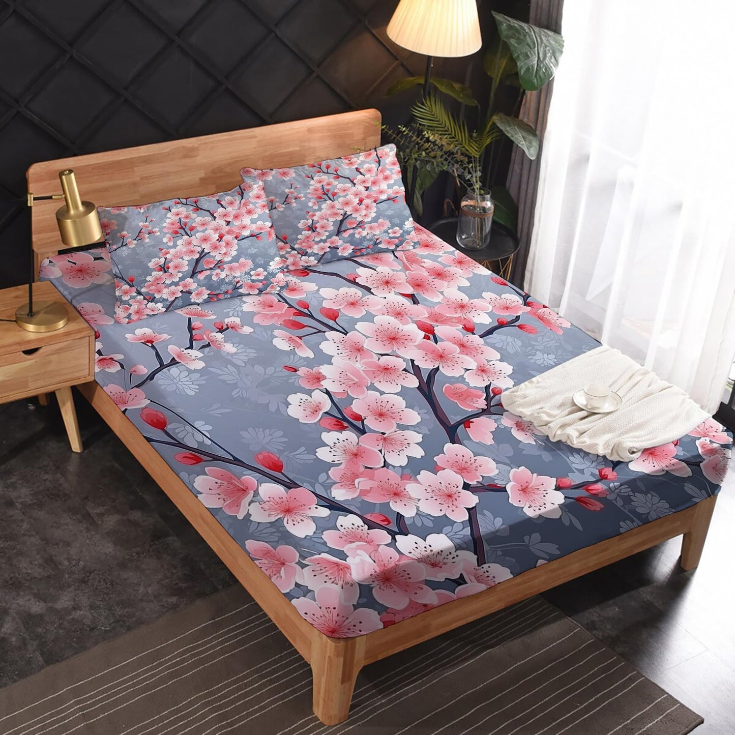 zcsm Cherry Blossom Sheets King Size - Bed Sheets, Soft Microfiber & Deep Pocket & Wrinkle Free Patterned Bedding Sheets & Pillowcases, 4 Piece (1 Fitted Sheet, 1 Flat Sheet, 2 Pillow Cases)