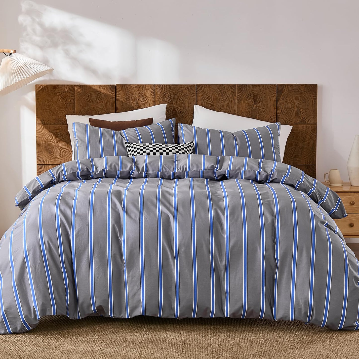 Merryword 100% Cotton Comforter Set King Size - Blue and Gray Striped Comforter with 2 Pillowcases, Luxury & Silky Soft Comforter Set for All Seasons