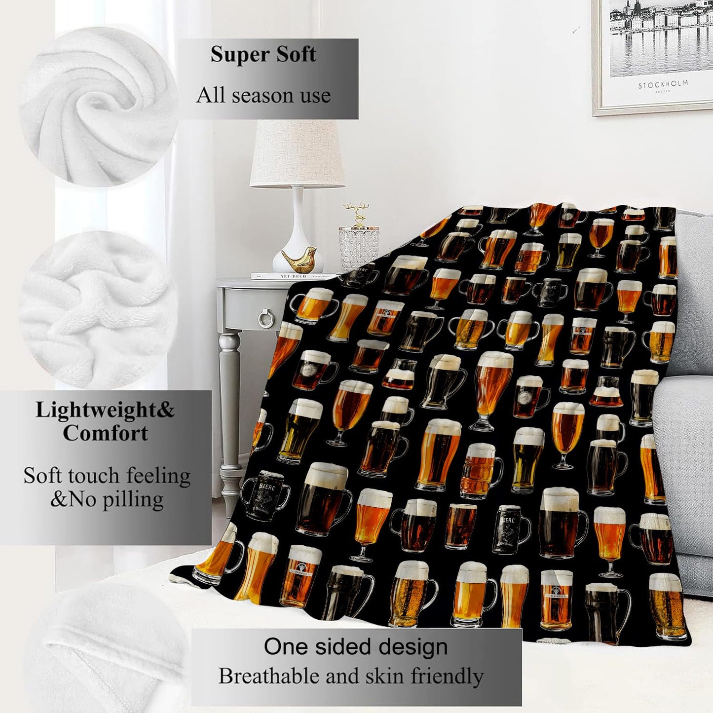 VODRM Beer Glasses Blanket,50x60in,Fun Black Throw Blankets,Gifts for Men Women & Nature Lovers, Lightweight Soft Fleece Cozy,for Sofa Couch Bed Room Bar Decor
