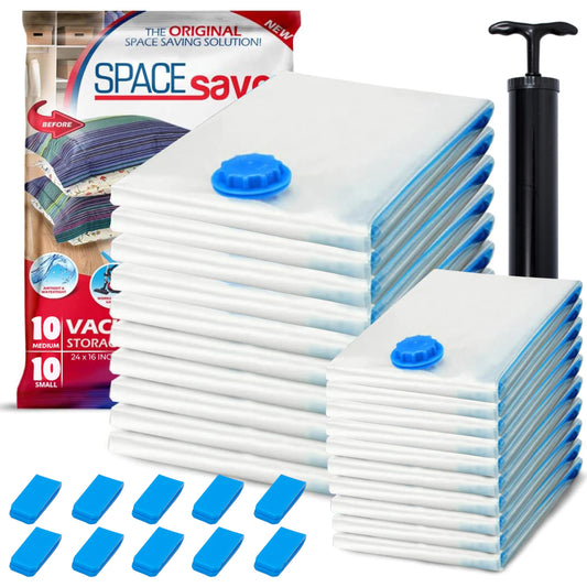 20 Pack Variety Vacuum Storage Bags for Comforters, Blankets & Clothes – Vacuum Sealed Compression Bags with Hand Pump – Space Saver Storage Bags for Bedding, Moving, Travel & Organization (10S & 10M)