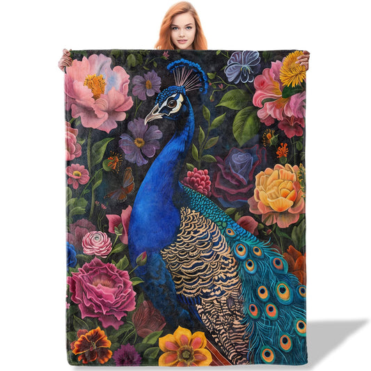 Plistiz Floral Peacock Throw Blanket, 50x60 Inch, Exotic Bird Blankets for Bedroom Decor, Garden Flannel Throw, Gifts for Nature Lovers Women