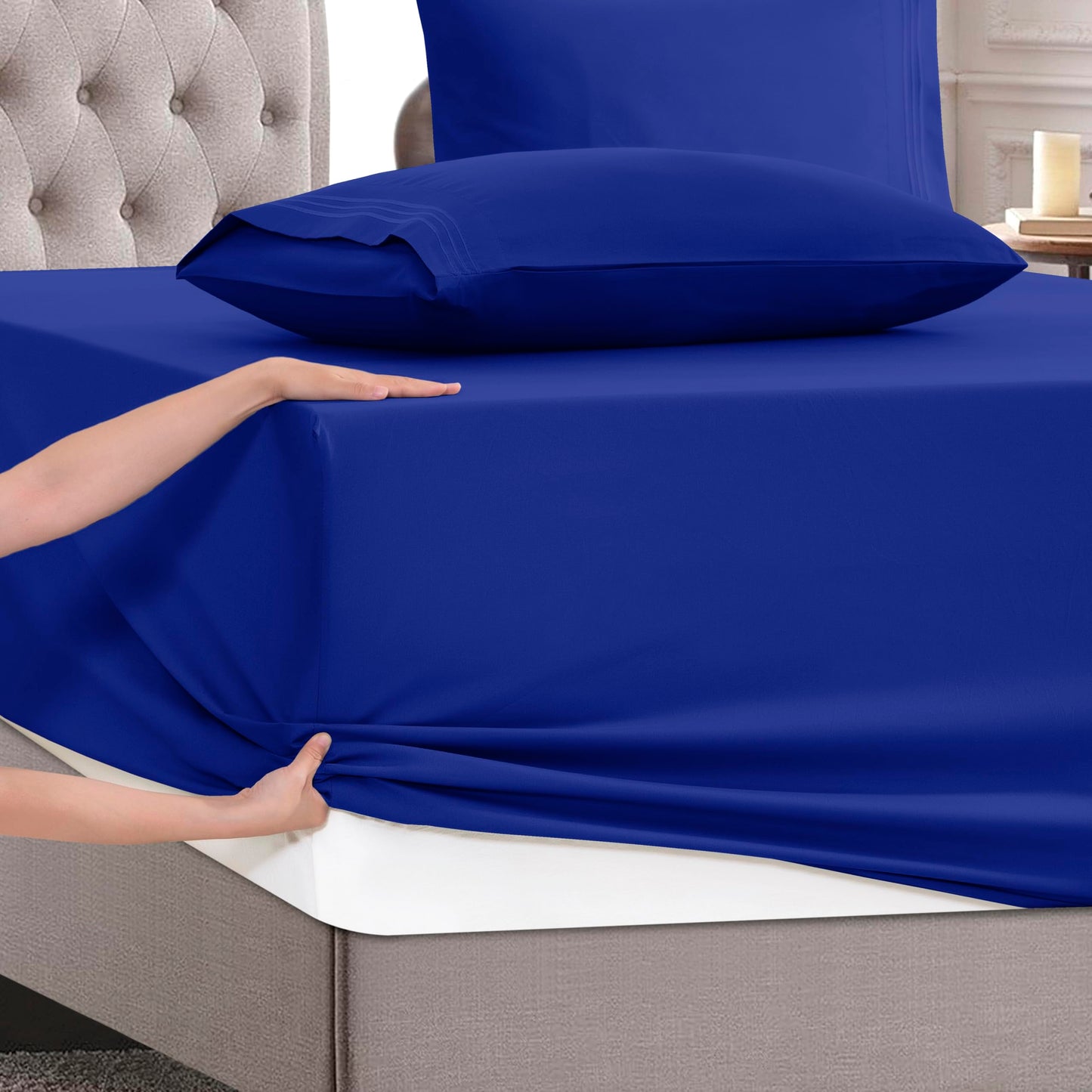 Mocassi Full Size 4-Piece Bed Sheet Set - 1800 Premium Hotel Quality Microfiber 18-24 Inches Extra Deep Pocket Fitted Sheet- Luxury Soft, Breathable, Wrinkle, and Fade Resistant, Imperial Blue