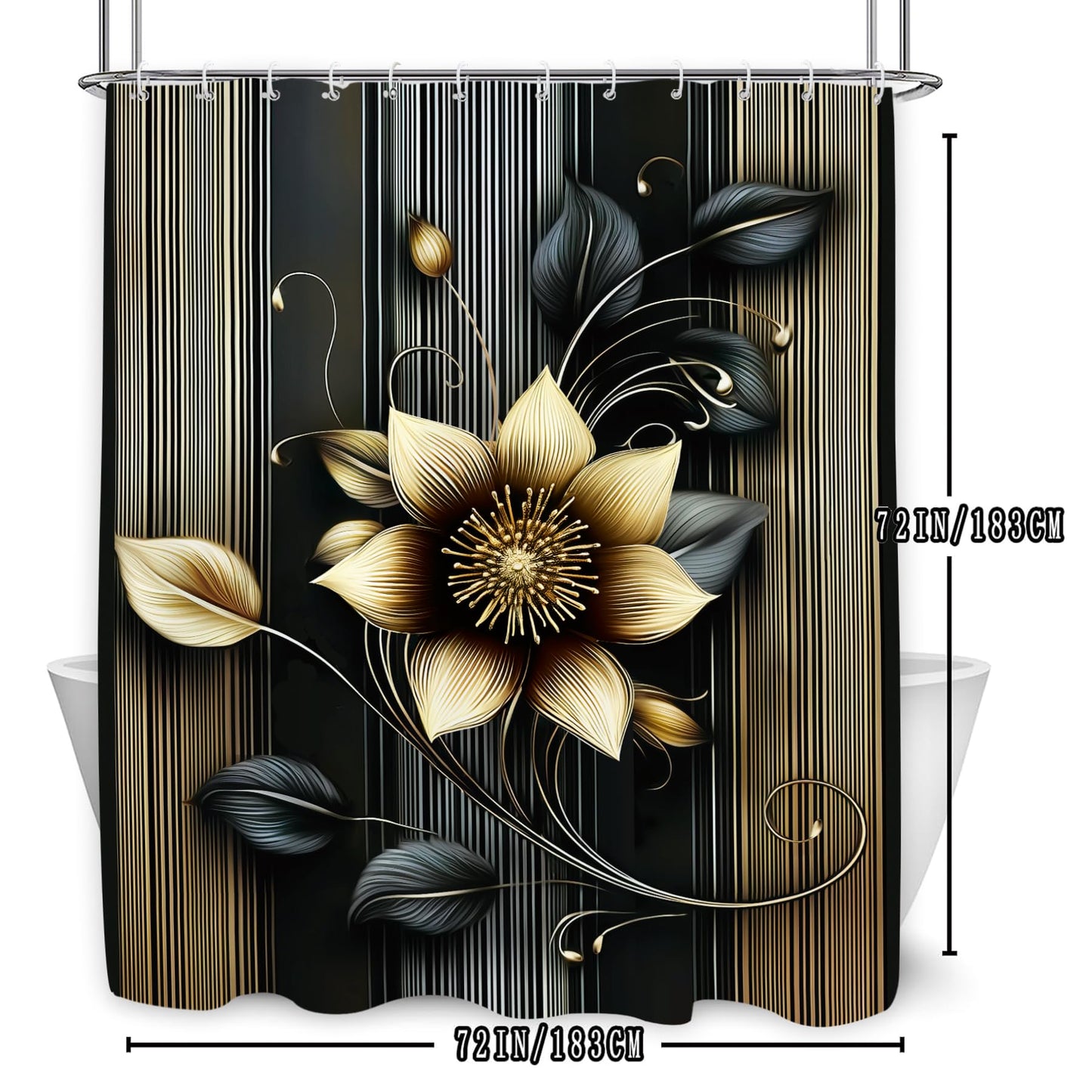 Glioown Black Golden Lotus Shower Curtain 60Wx71L, Flower Botanical Plant Shower Curtains for Bathroom Decor, Blossom Shower Curtain Set Home Decor 12 Pack Hooks