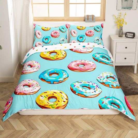 Erosebridal Donut Comforter Cover Dessert Duvet Cover Food Theme Quilt Cover Colorful Print Bedding Set for Child Boy Girl Adult, Soft Microfiber (1 Duvet Cover 2 Pillow Cases),Full Size