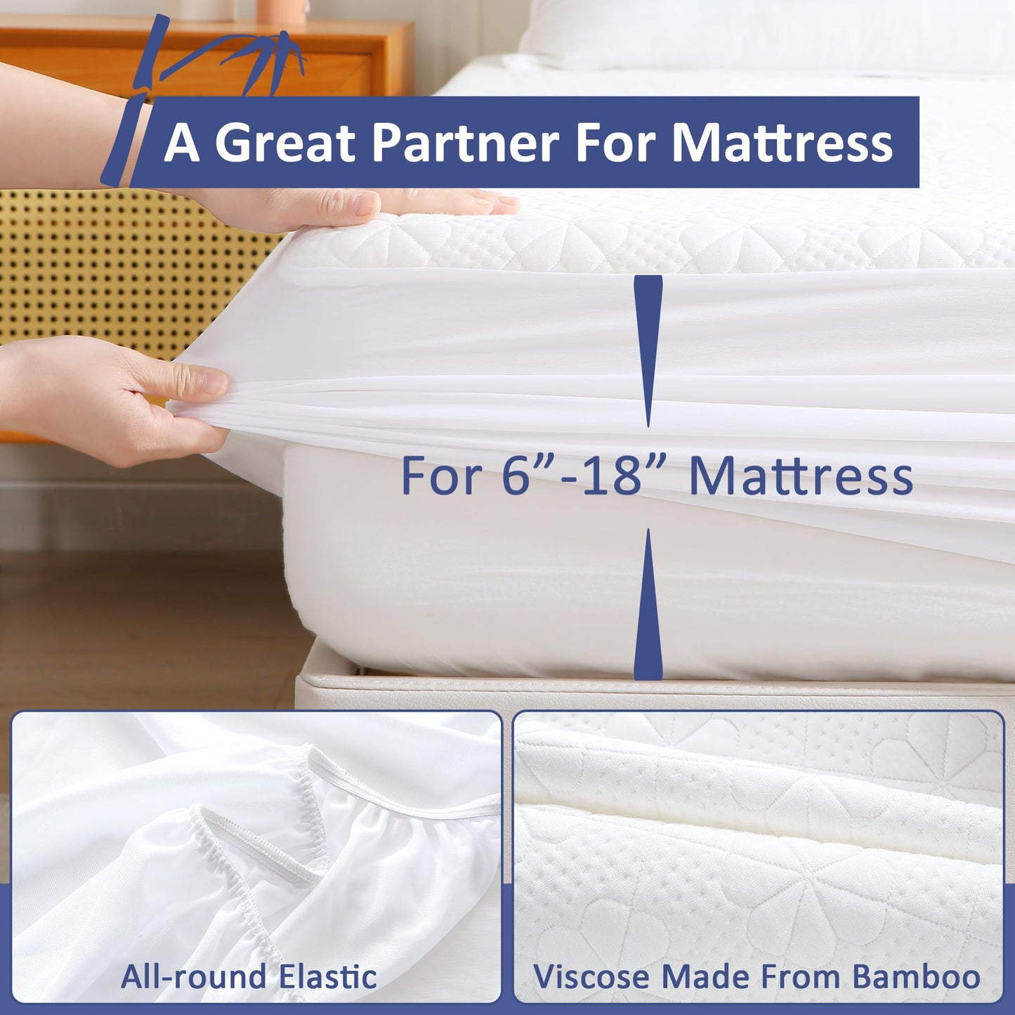 KUTUU Bamboo Viscose Queen Size Waterproof Mattress Protector, Cooling Mattress Pad Cover for Queen Size Bed, Super Soft Queen Size Mattress Cover for 6-18 inches Mattress, White