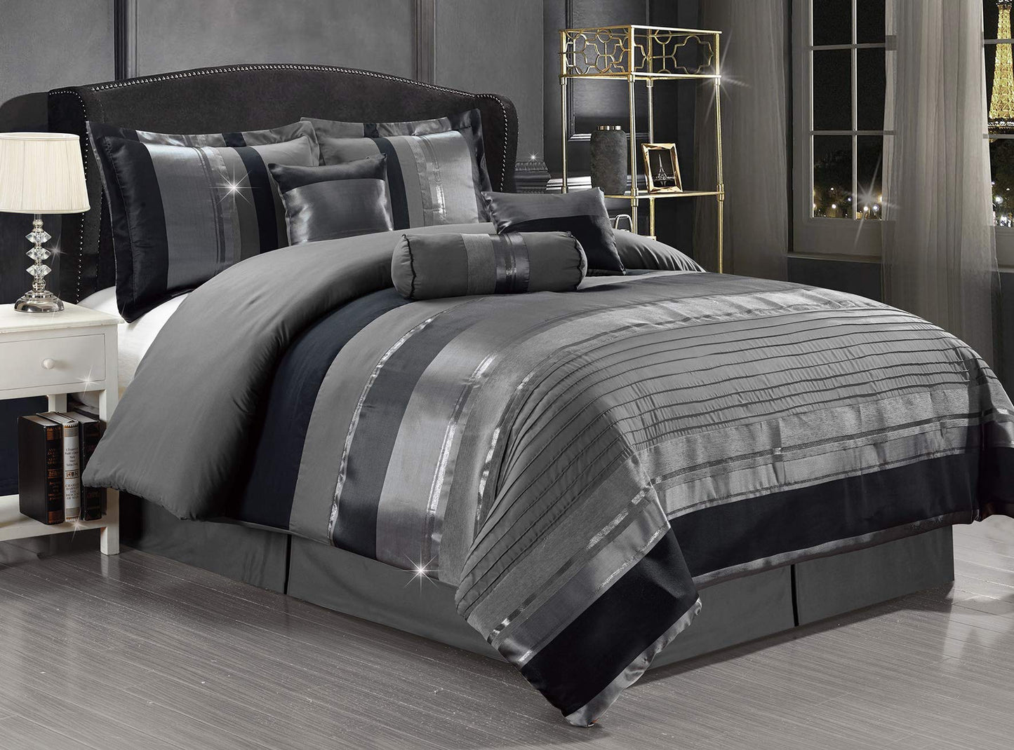 GrandLinen - 7-Piece King Size Chenille/Woven Jacquard Bedding Grey/Gray Silver Stripe Overize Comforter Set Bed in a Bag