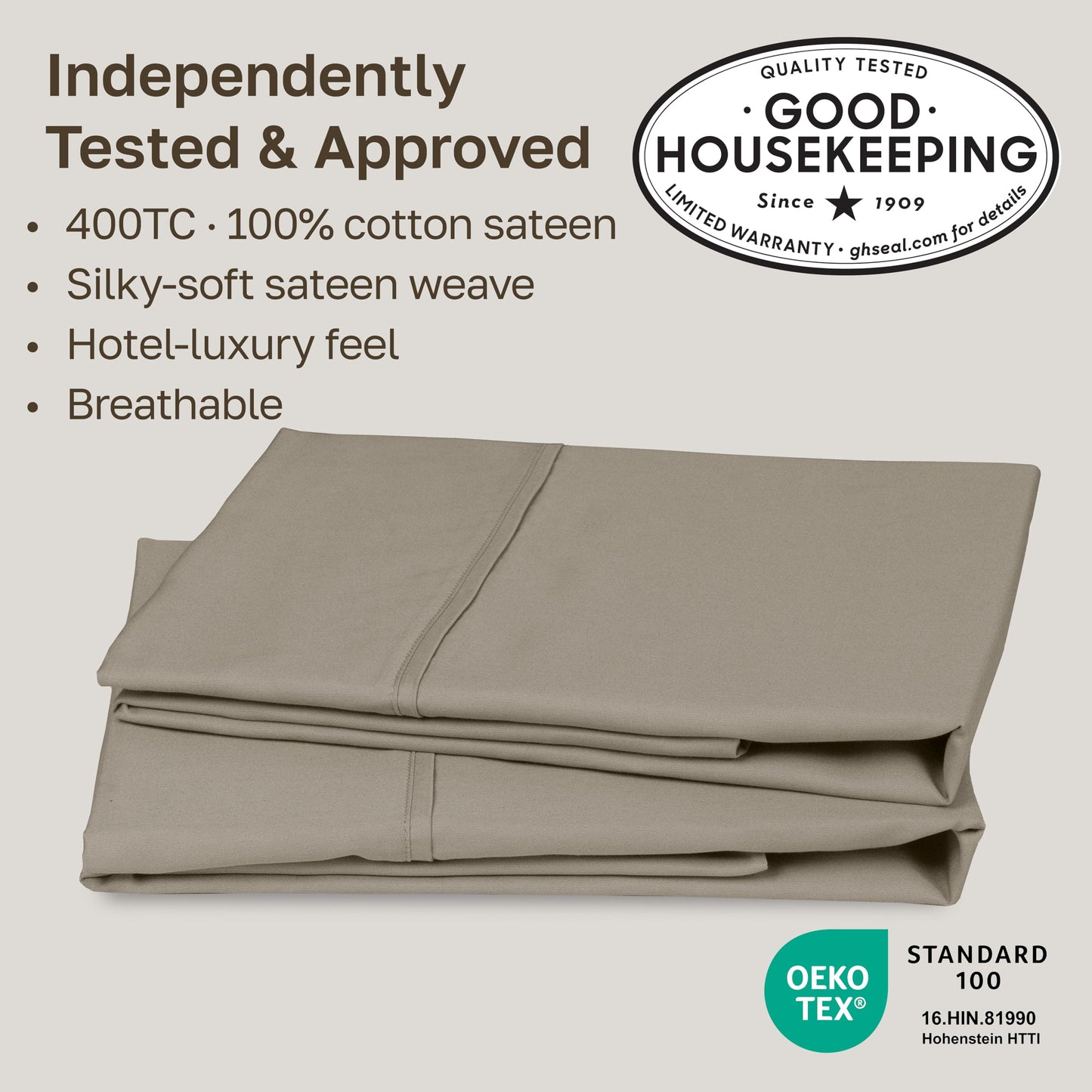 California Design Den Standard Queen Size Pillowcase Set - 400 Thread Count, 100% Cotton Sateen, Set of 2 Pillow Covers, Soft and Breathable - Taupe