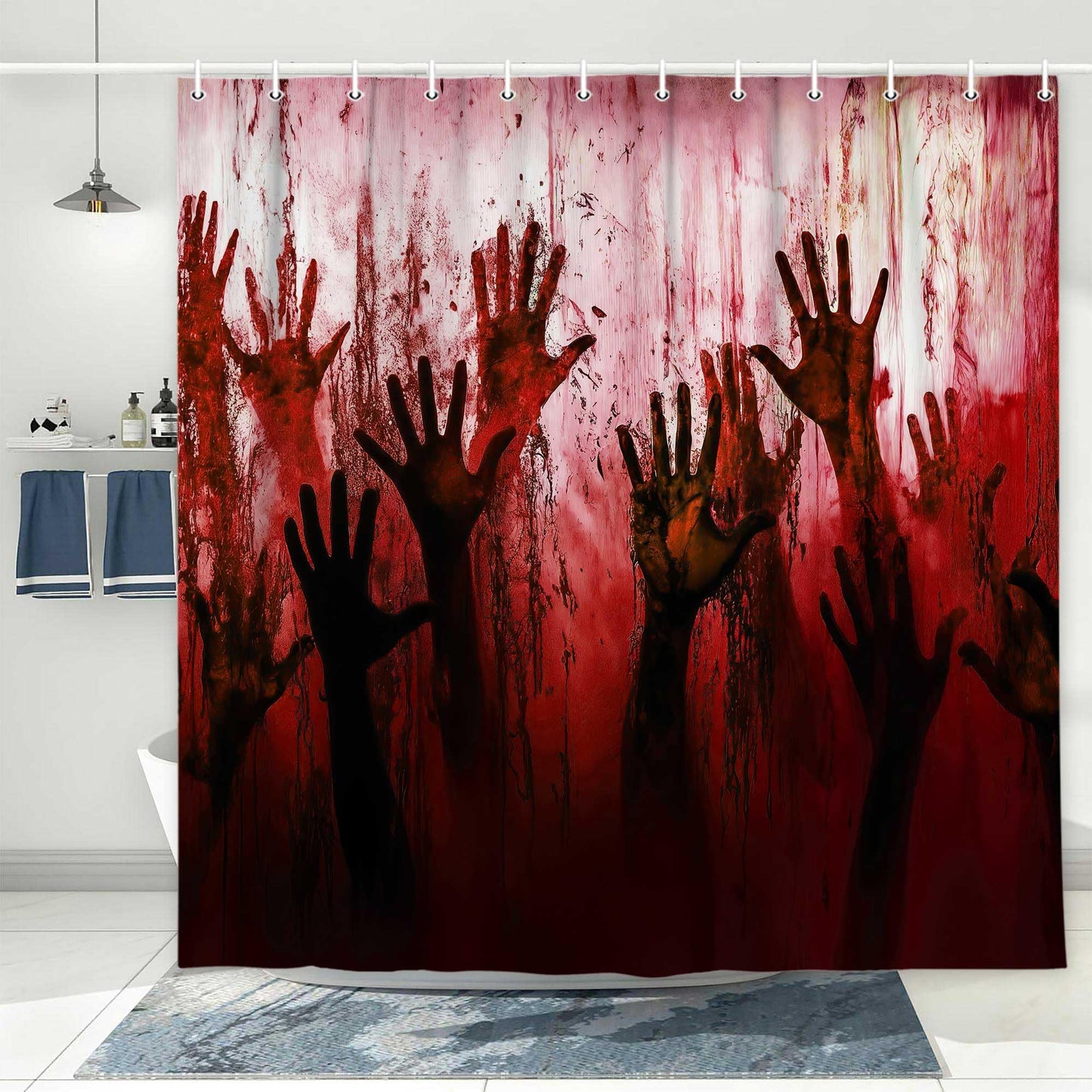 JAWO Spooky Bloody Hand Shower Curtain, Creepy Horror Zombie Handprint Bathtub Curtain, Halloween Themed Bathroom Decor,12pcs Hooks,69X70 in