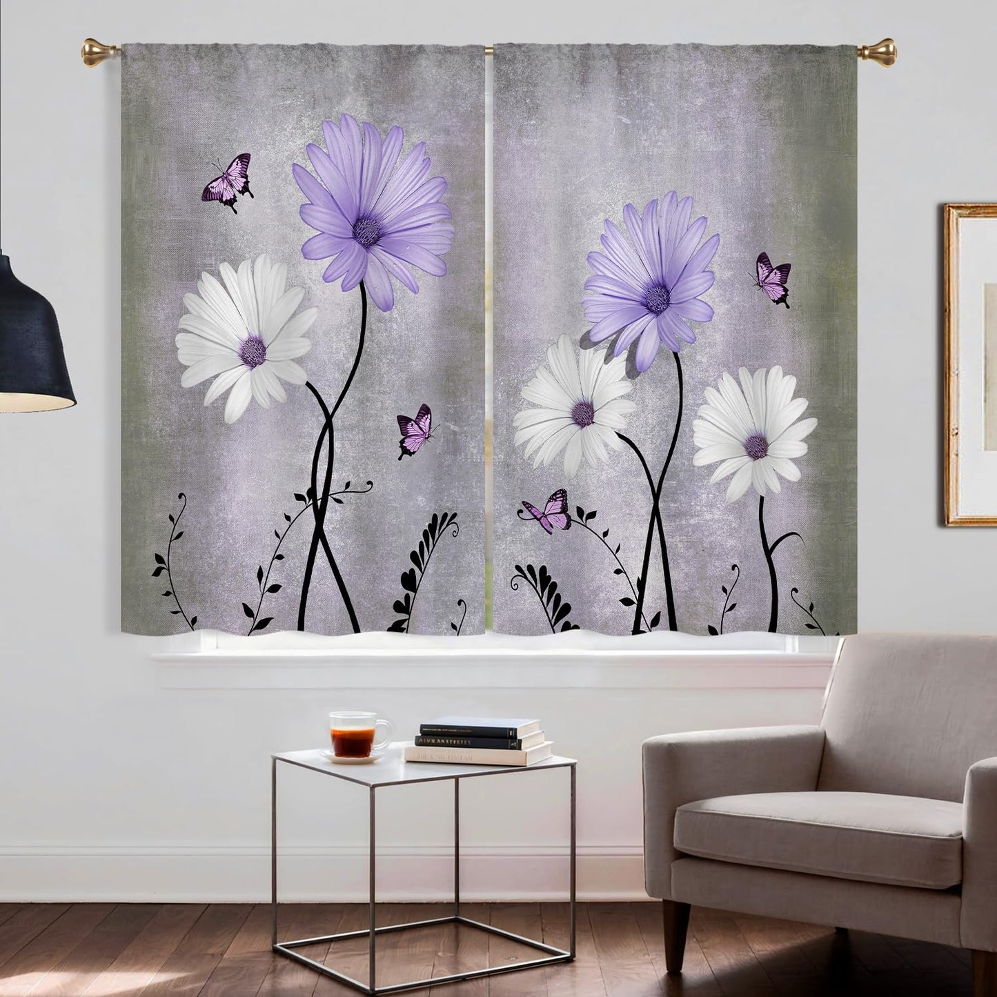 Cizuug Purple Daisy Rustic Farmhouse Kitchen Curtains Watercolor Floral Flower Small Short Cafe Window Curtains Butterfly Country Bathroom Drapes Treatment Tier Curtains 2 Panels