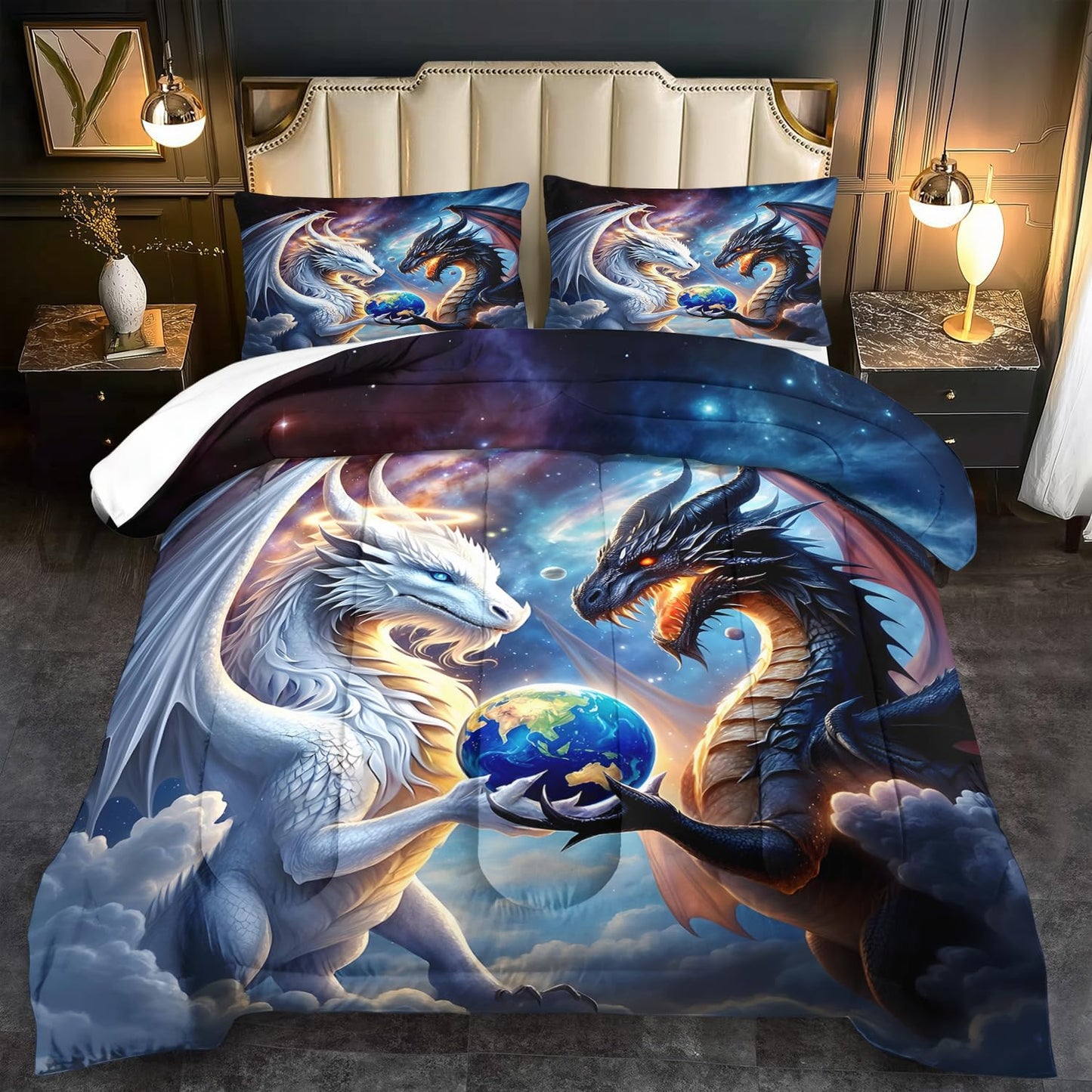 llyxsesty Black White Dragon Comforter Set King Boys Flame Ancient Mysterious Creatures Fantasy Dragon Bedding Set Boys GirlsWhite and Black Comforter King Size Animals Quilt Room Decor