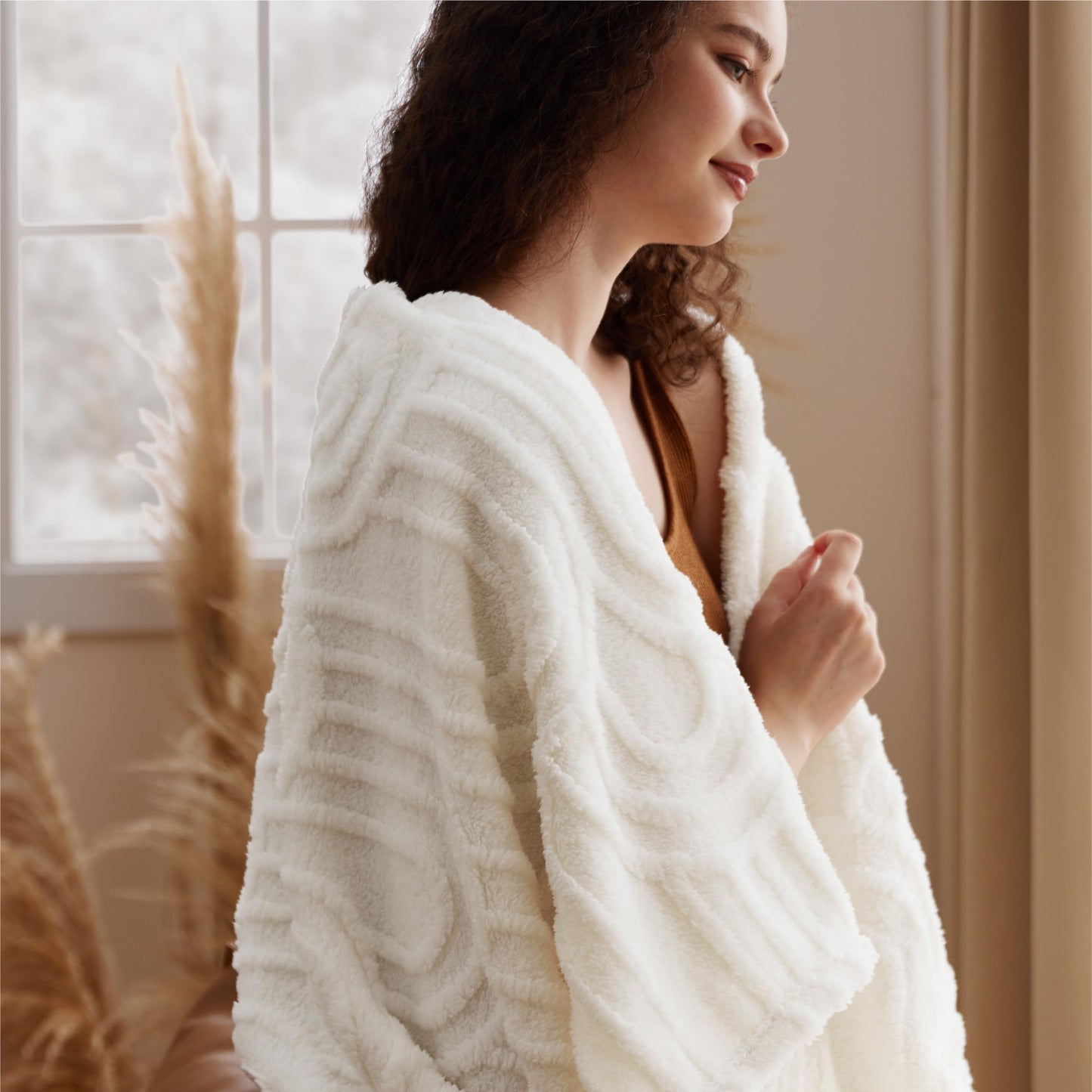 Bedsure GentleSoft Boho Throw Blanket for Couch - Cozy Modern Boho Decorative Blankets for Women Girls, Fuzzy Fleece Throw for Beds, Aesthetic Accent Gifts for Sofa Room Decor, Off White, 50x60 Inches