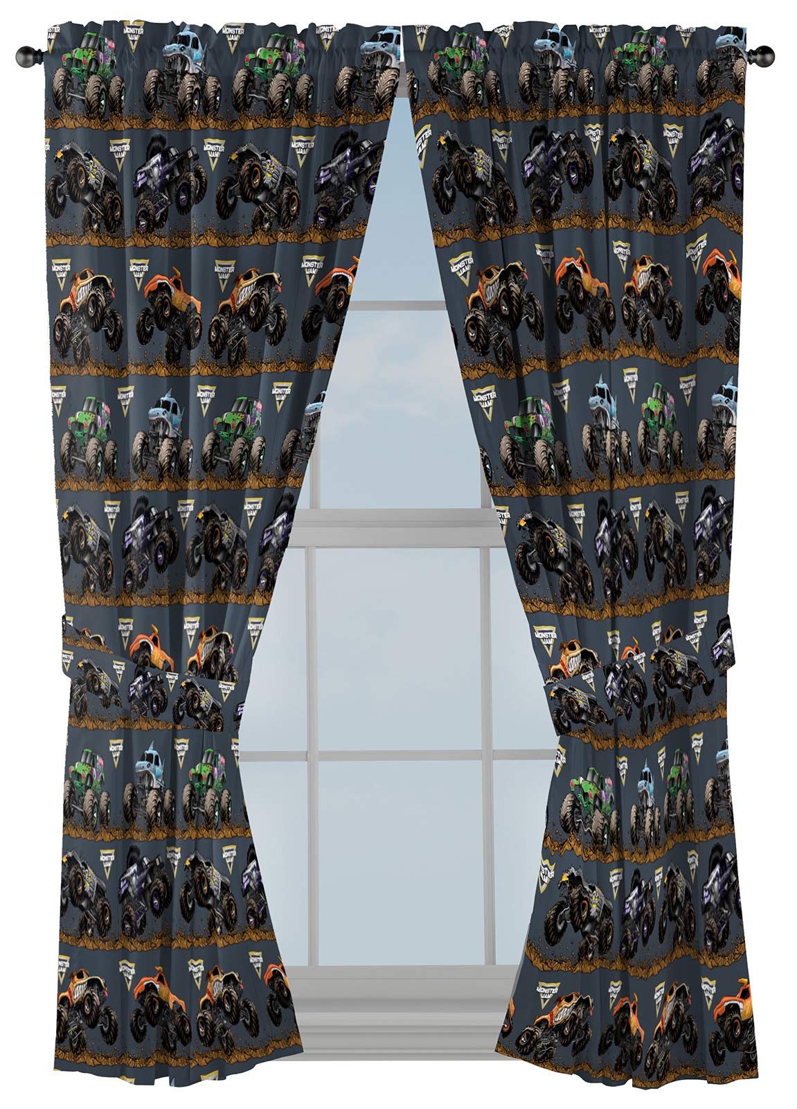 Jay Franco Monster Jam Kids Curtains, 4-Piece Drape Set with 2 Tiebacks, 42" W x 63" L Rod Pocket Window Drapes, Super Soft Microfiber, Light Filtering, Machine Washable (Officially Licensed)