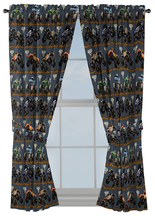 Jay Franco Monster Jam Kids Curtains, 4-Piece Drape Set with 2 Tiebacks, 42" W x 63" L Rod Pocket Window Drapes, Super Soft Microfiber, Light Filtering, Machine Washable (Officially Licensed)
