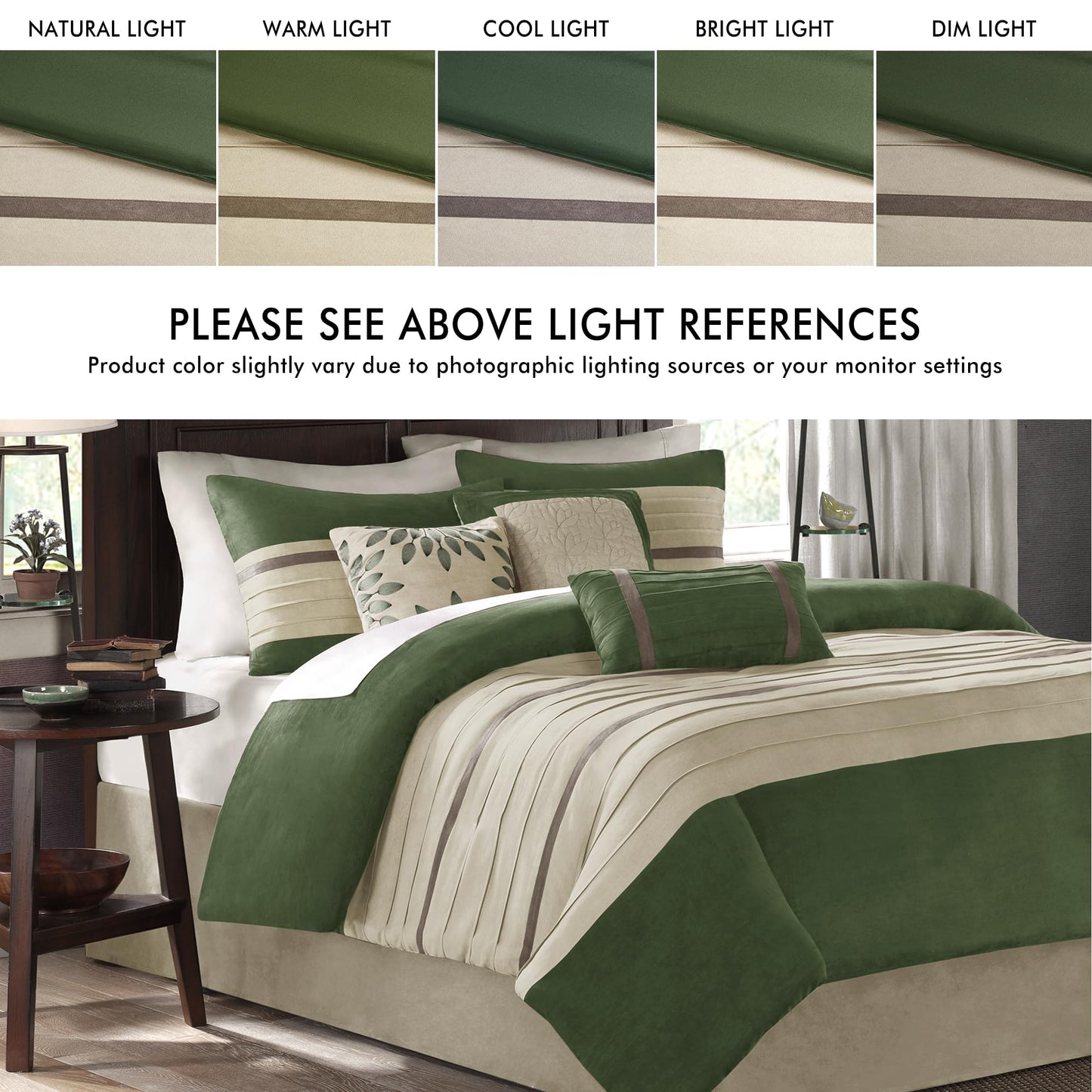 Madison Park Palmer Comforter Set-Luxury Faux Suede Design, Striped Accent, All Season Down Alternative Bedding, Matching Shams, Decorative Pillow, Bed Skirt, King (104 in x 92 in), Green 7 Piece