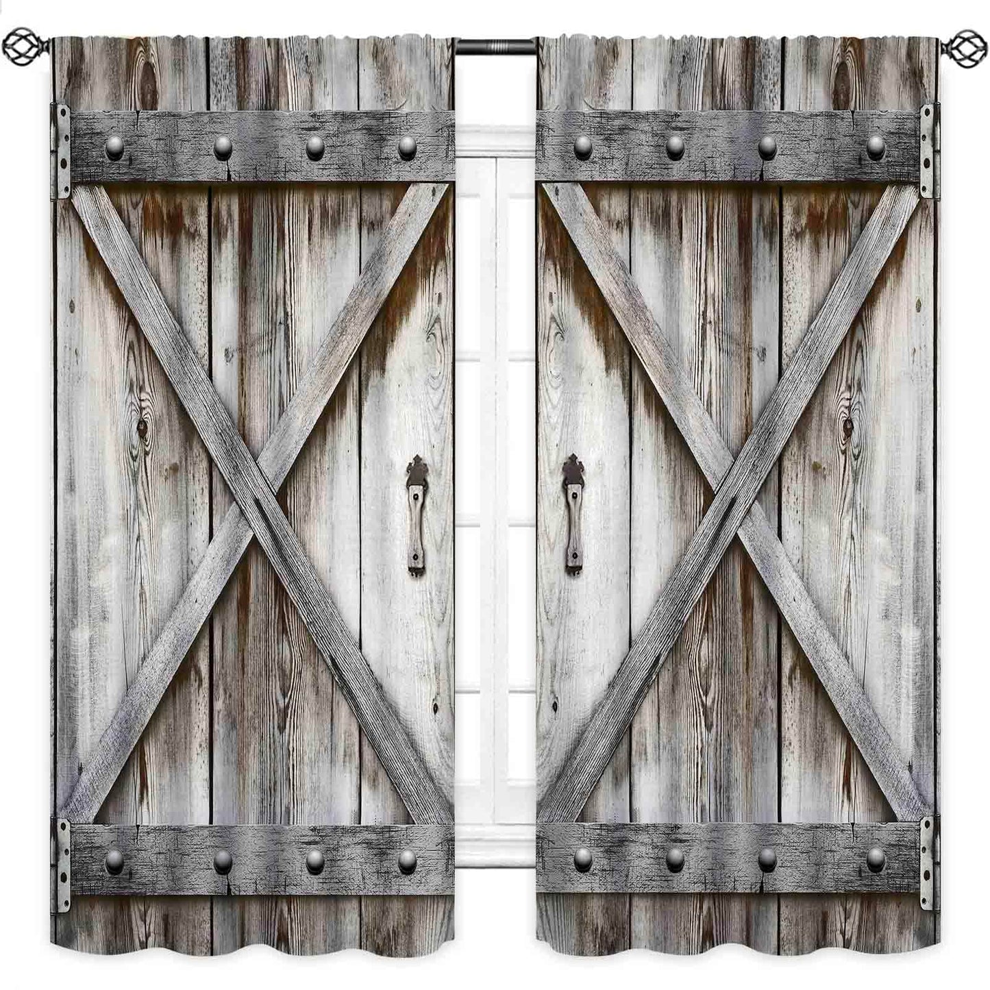 Barn Door Wooden Kitchen Curtains,Rustic Farm Farmhouse Country Retro Rustic Western Cafe Short Tier Curtains Decor for Living Room Garage Cabin Window Drapes 2 Panels,42X45 Inch