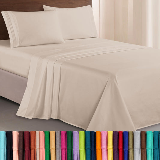 Elegant Comfort Luxurious 1500 Premium Hotel Quality Microfiber Three Line Embroidered Softest 4-Piece Bed Sheet Set, Wrinkle and Fade Resistant, King, Cream