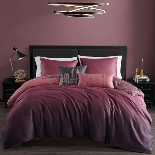 Bebejan Mauve Dreams 5 Piece Comforter Set, 100% Cotton Sateen, 220 Thread Count, Textured Reversible Bedding Comforter Set, 1 Comforter, 2 Shams & 2 Pillows (King/Cal King)