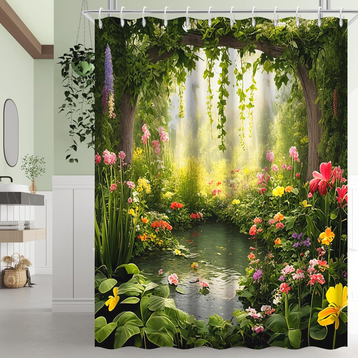 Ruelvth Enchanted Forest Shower Curtain, Nature Green Botanical Shower Curtains with Hooks Spring Floral and Leaves Waterproof Bathroom Decor, 72x72 inch