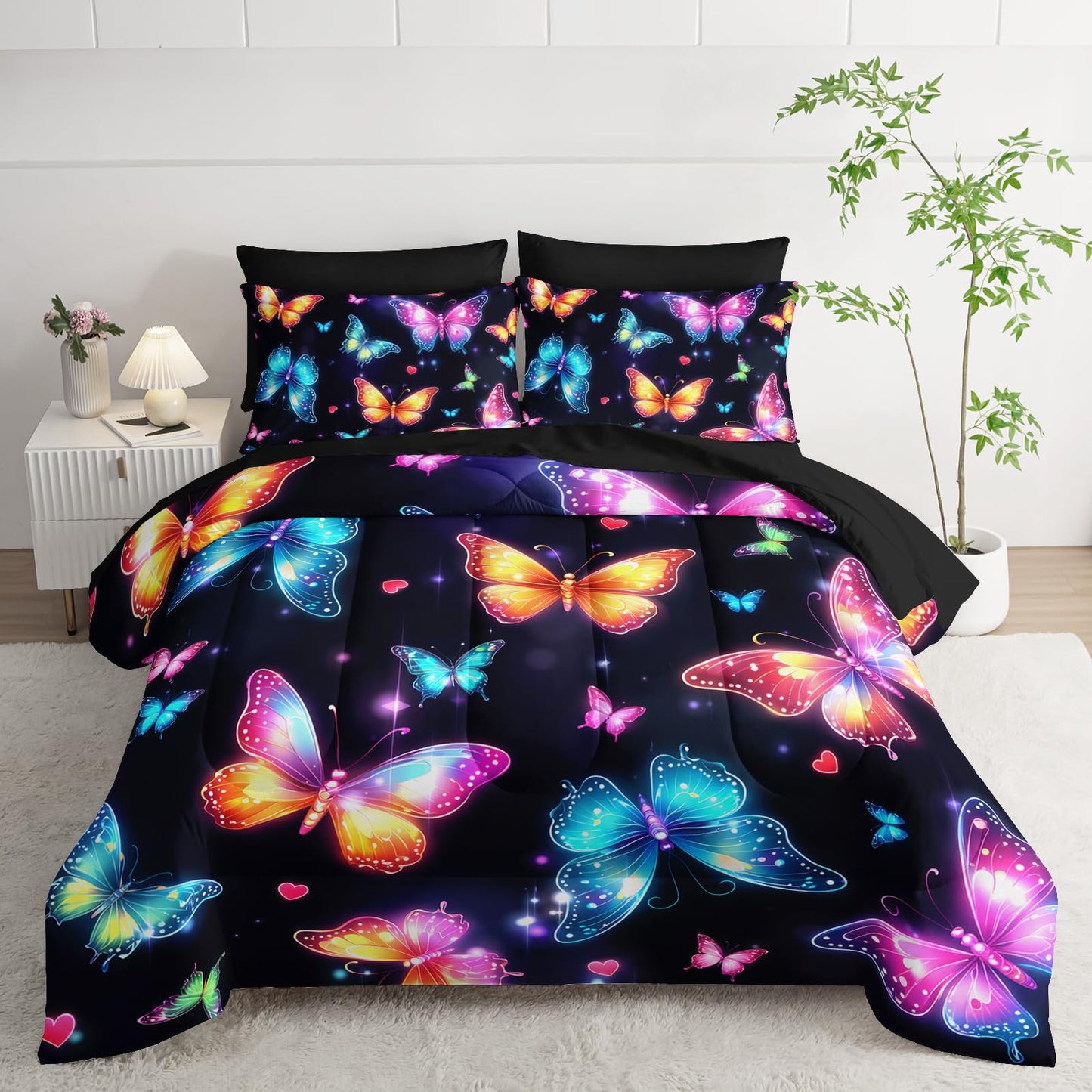 XYNHML Colorful Gradient Butterfly Comforter 7Pcs Tie-Dye Heart Print Bedding Set for Kid Teen Girl Boy Adult Sparkling Aesthetics Quilt Bed Set Twin with 2 Sheets,2 Pillowcases,2 Throw Pillow Covers
