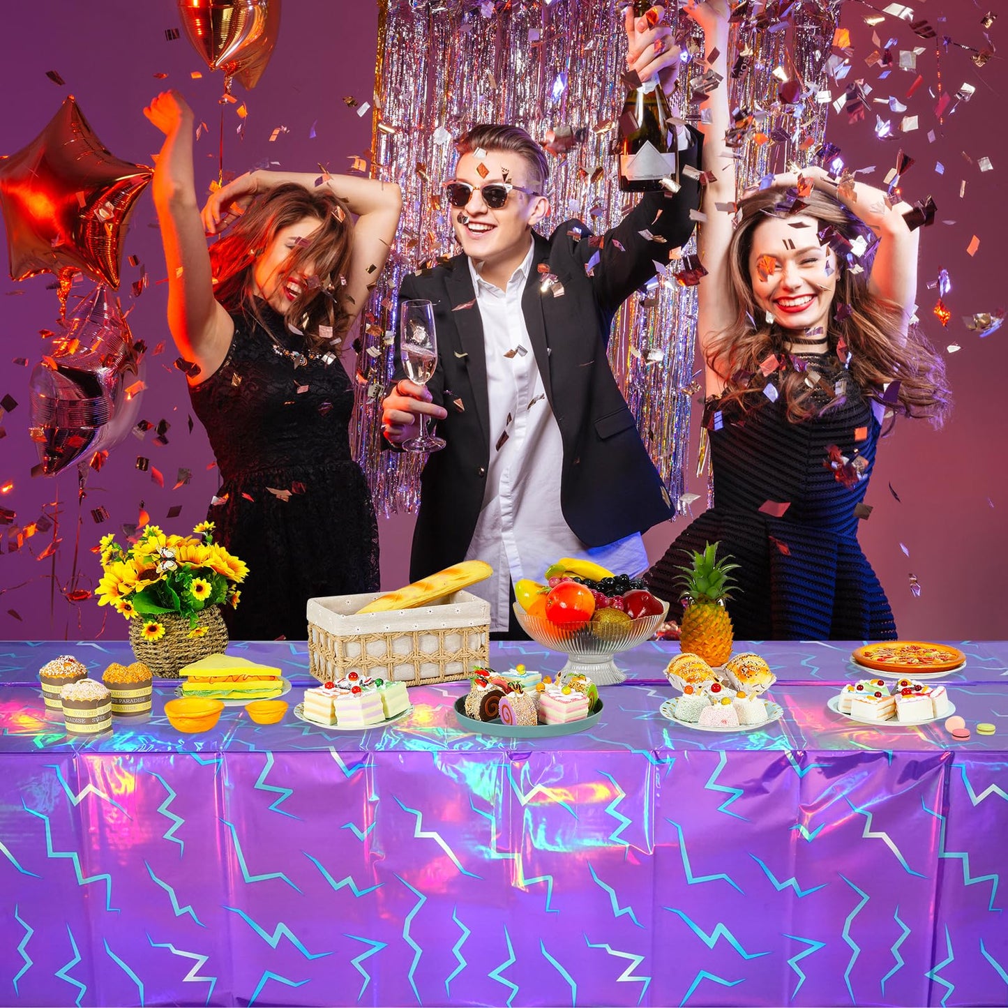 3 Pack Iridescent Purple and Blue Kpop Plastic Tablecloth 54x108 Inch, Holographic Laser Disposable Table Cover, Rectangle Purple and Blue Table Cloth for Kpop Halloween Birthday Party Decorations