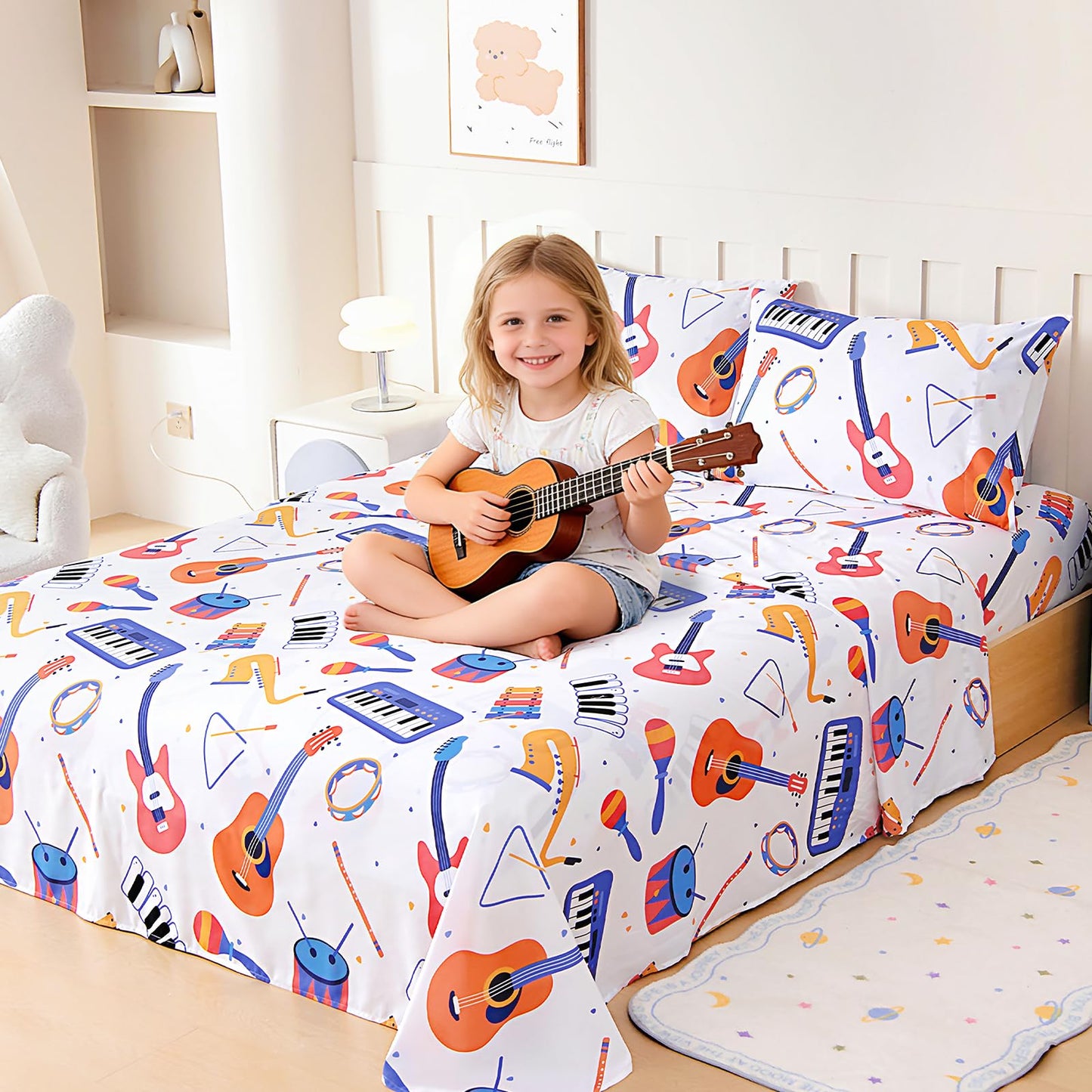 Homilay Full Sheet Set Kids - Guitar Sachs Keyboard Drum 4 Pieces Soft Microfiber Cartoon Style Bedsheets for Boys Girls Teens, Oeko TEX Breathable 15 Inch Deep Pocket Sheets(Musicians)