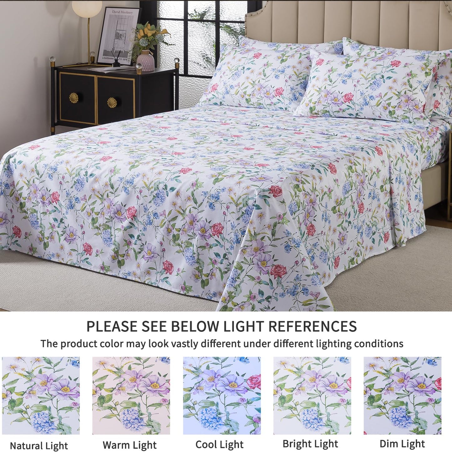 FADFAY Garden Floral Queen Sheet Set, 100% Cotton Botanical Print Bedding, Soft Breathable 4-Piece Bed Sheets with Deep Pocket, All Season