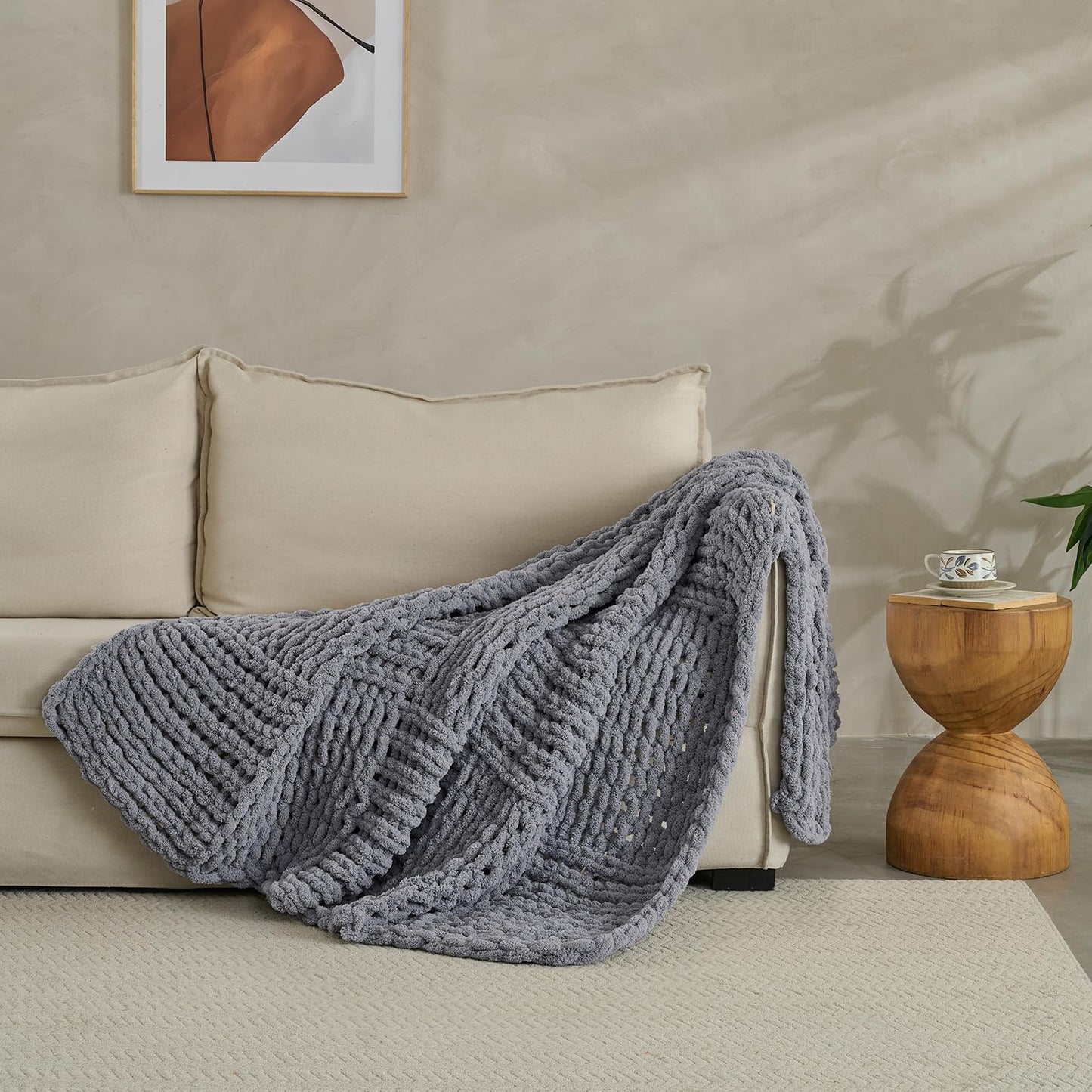 WZOWZO Chunky Knit Blanket Throw 50x60 Inches,Handmade Cable Knit Crochet Blanket,Cozy Lightweight All Season,Wrinkle-Resistant Polyester for Couch Bed Sofa Reading Nook,Grey