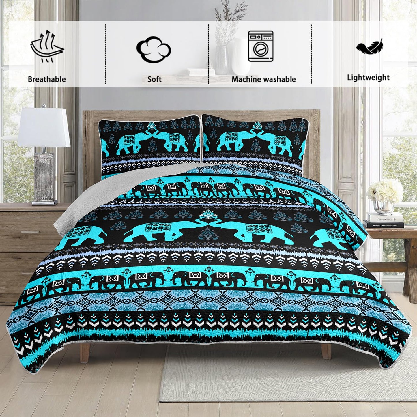 UEVBF Blue Elephant Queen Quilted Bedding Sets,Boho Style Bedding Summer Quilt for Adults Kids,Soft Lightweight Exquisite Quilted Sets with 2 Pillowcases.